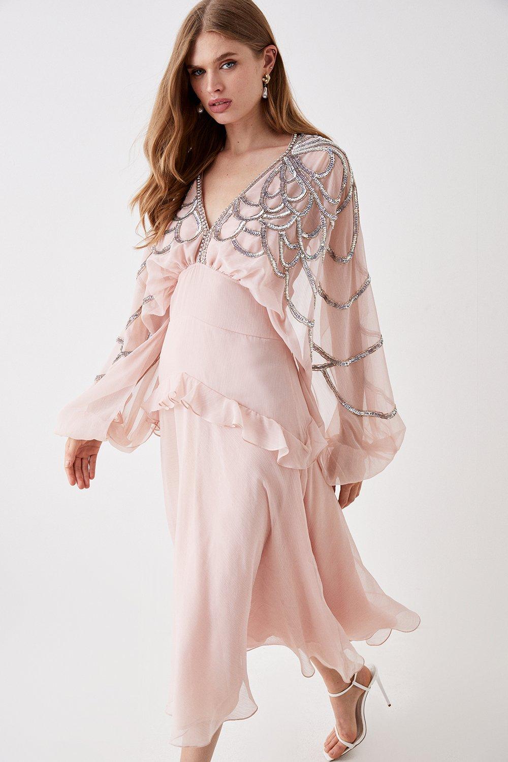 Hand Embellished Cape Sleeve Flowing Midi Dress - Pink