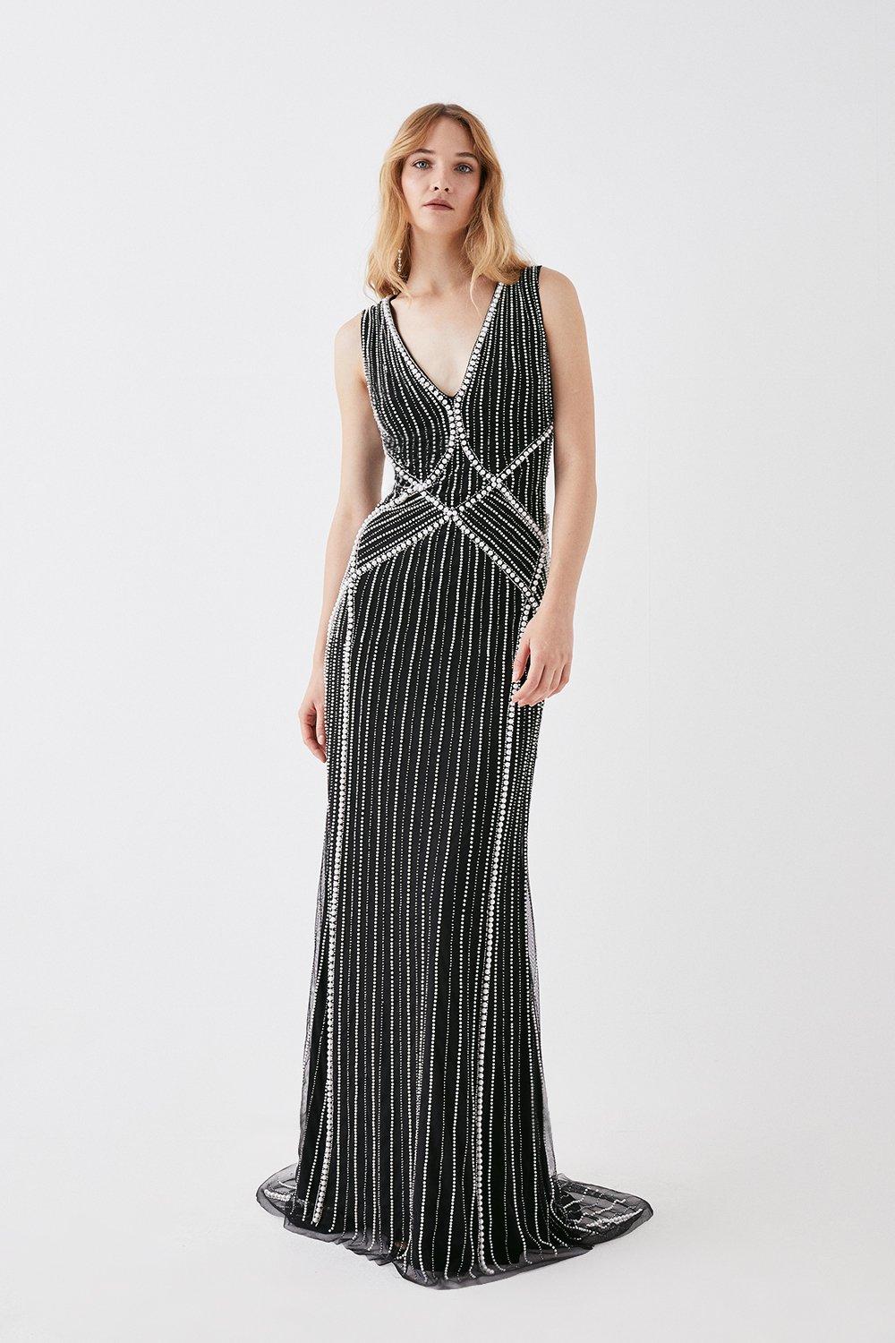 Sculpting Pearl And Diamante Embellished Maxi Dress - Black