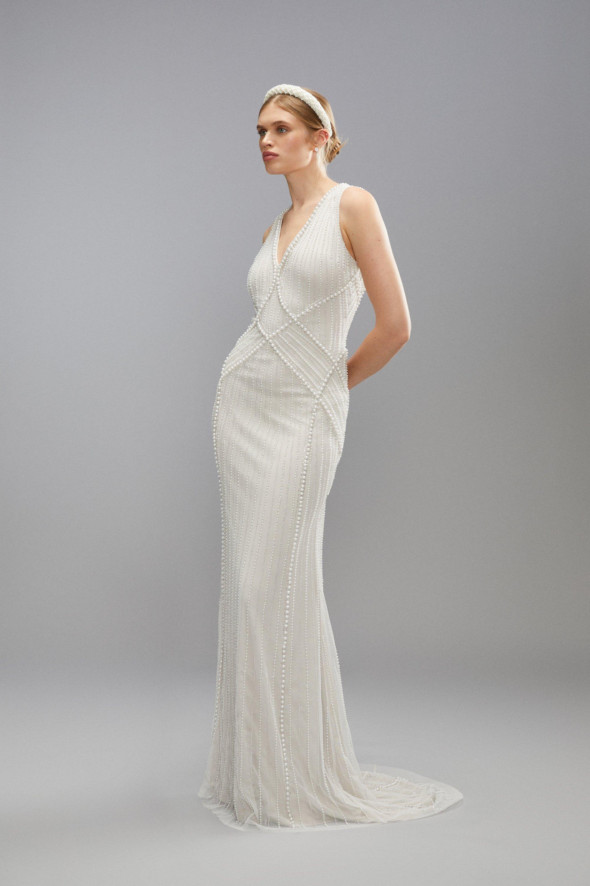 Sculpting Pearl And Diamante Embellished Bridal Maxi Dress - Oyster