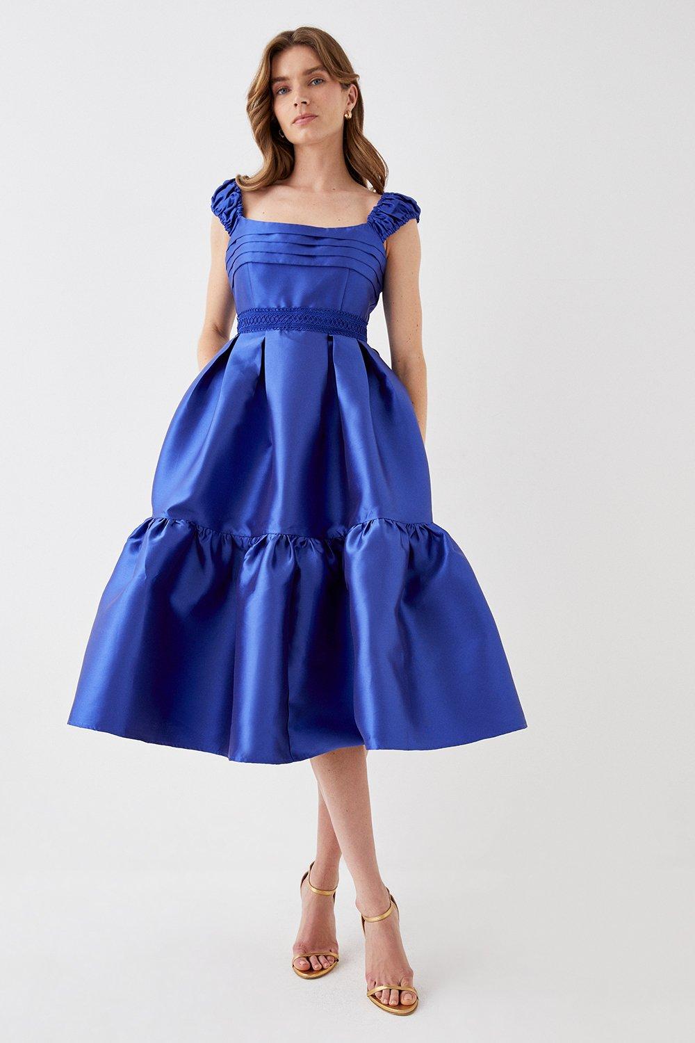 Lace Trim Twill Midi Dress - Blue