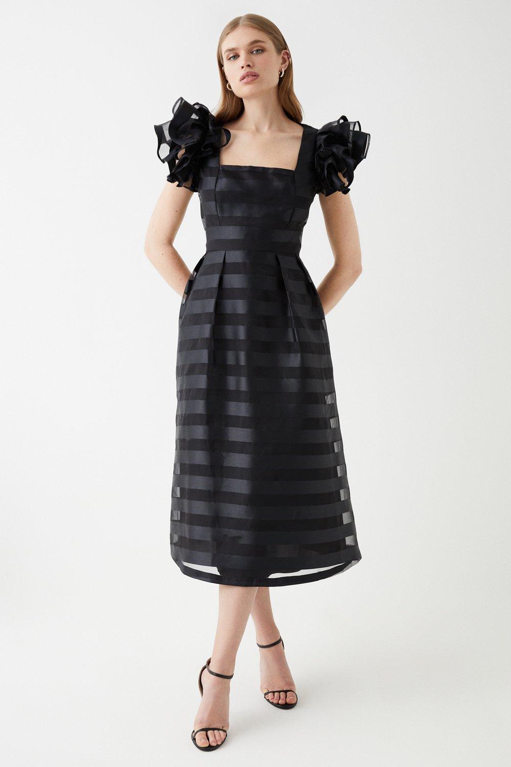 Frill Shoulder Stripe Organza Midi Dress - Black