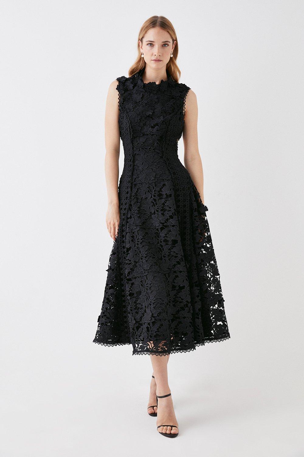 The Collector Applique Lace Midi Dress - Black
