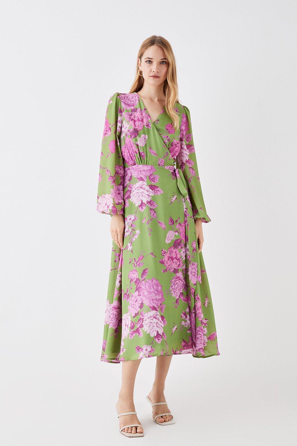 Printed Long Sleeve Wrap Dress - Chartreuse