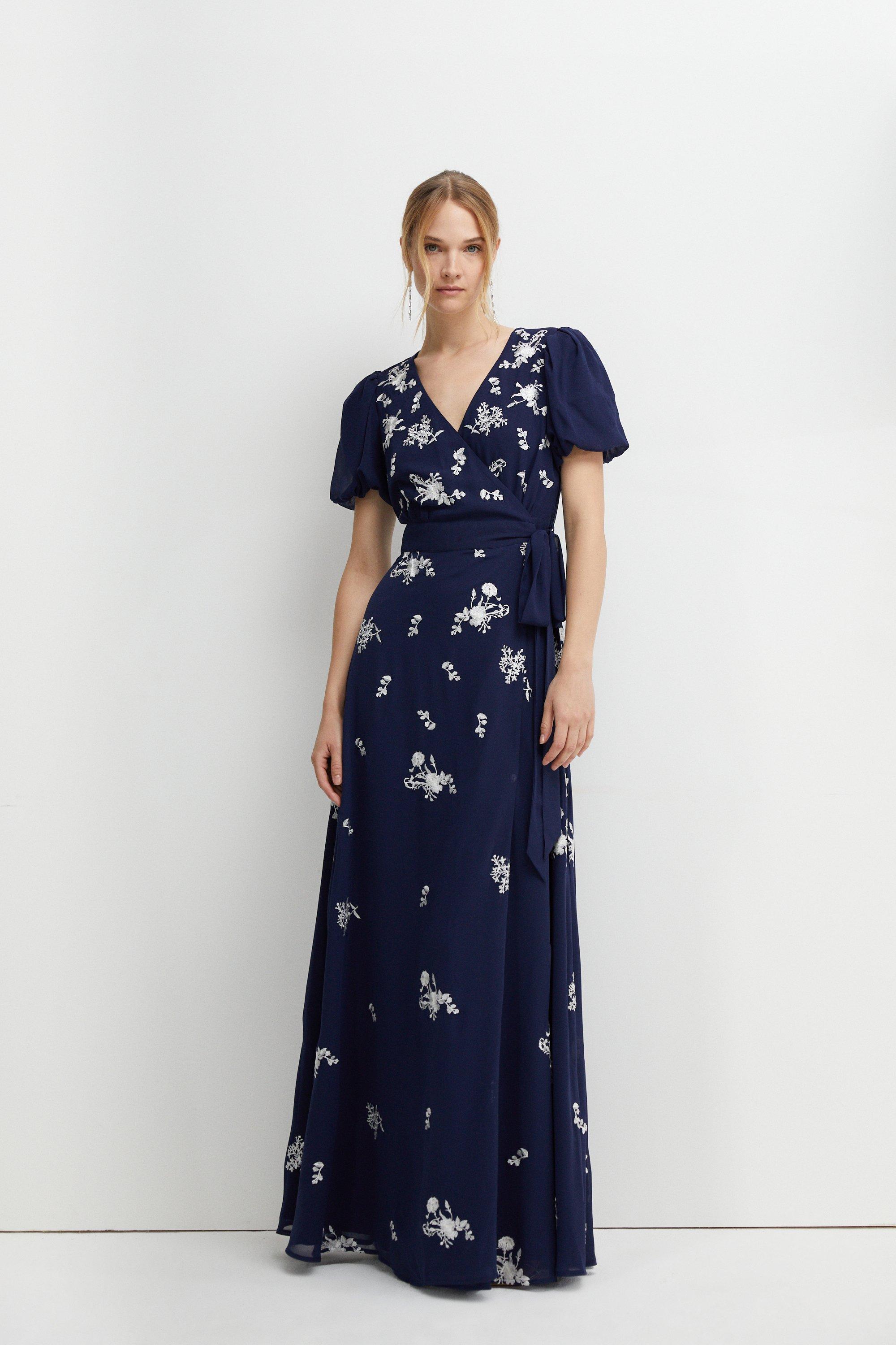 Placement Embroidery Puff Sleeve Bridesmaids Maxi Dress - Navy