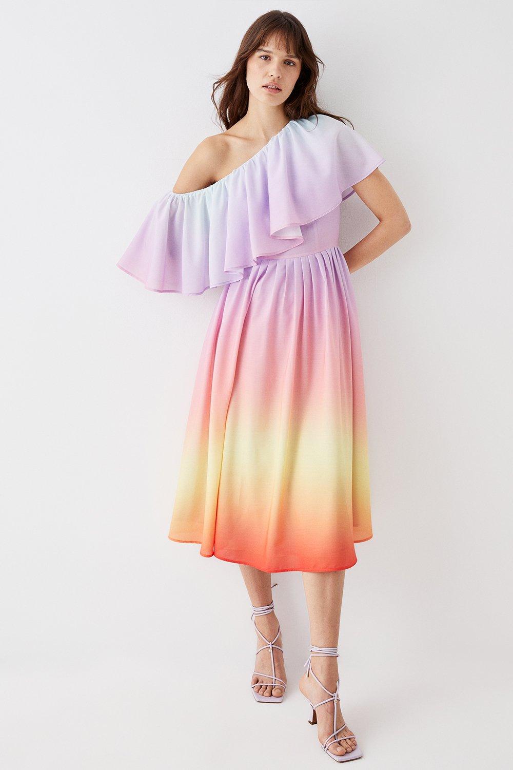 Sunset Ombre Print One Shoulder Midi Dress