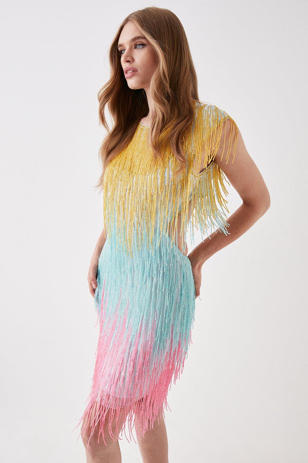 Beaded Fringe Colourblock Mini Dress