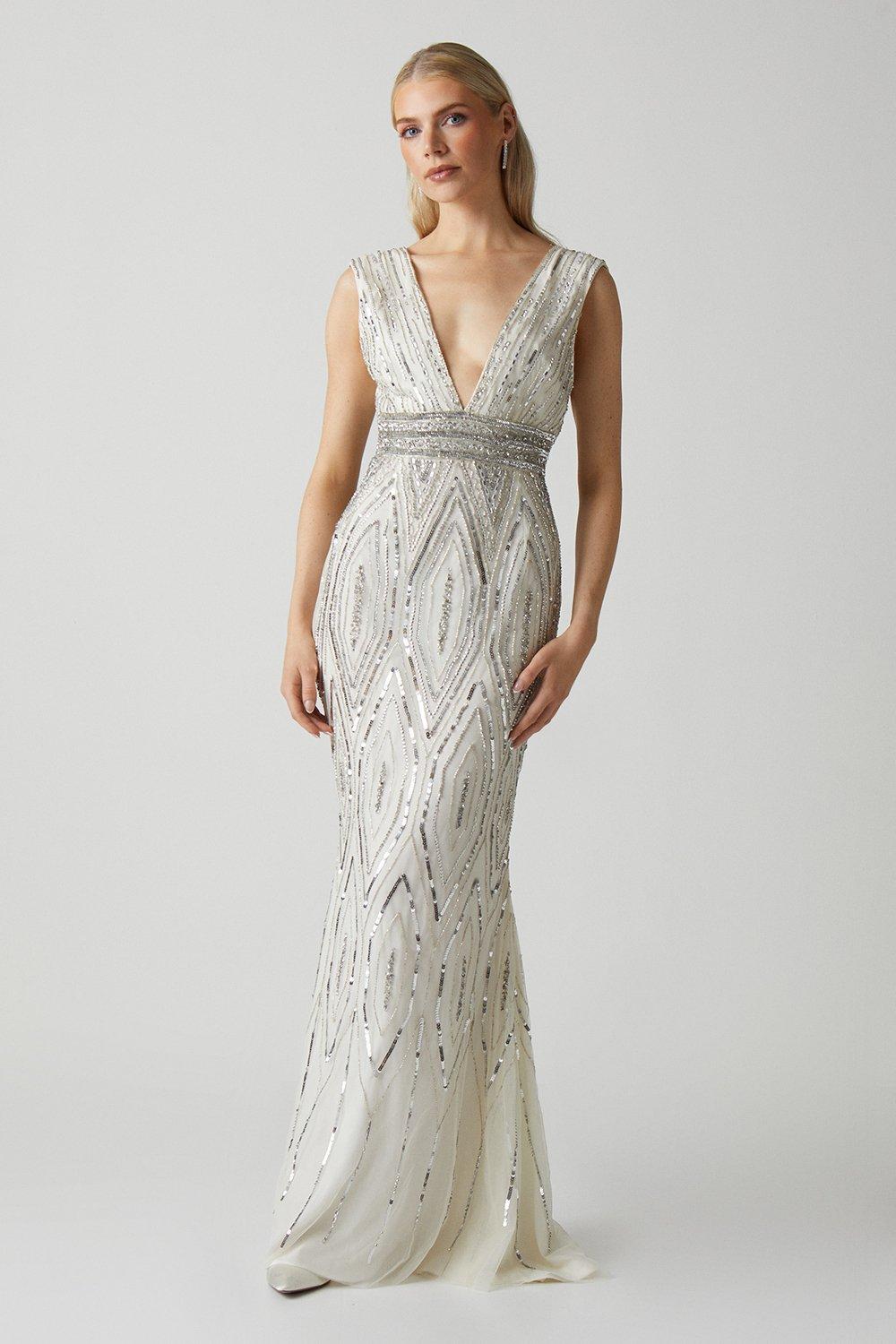 Art Deco Plunge Beaded Wedding Dress - Ivory