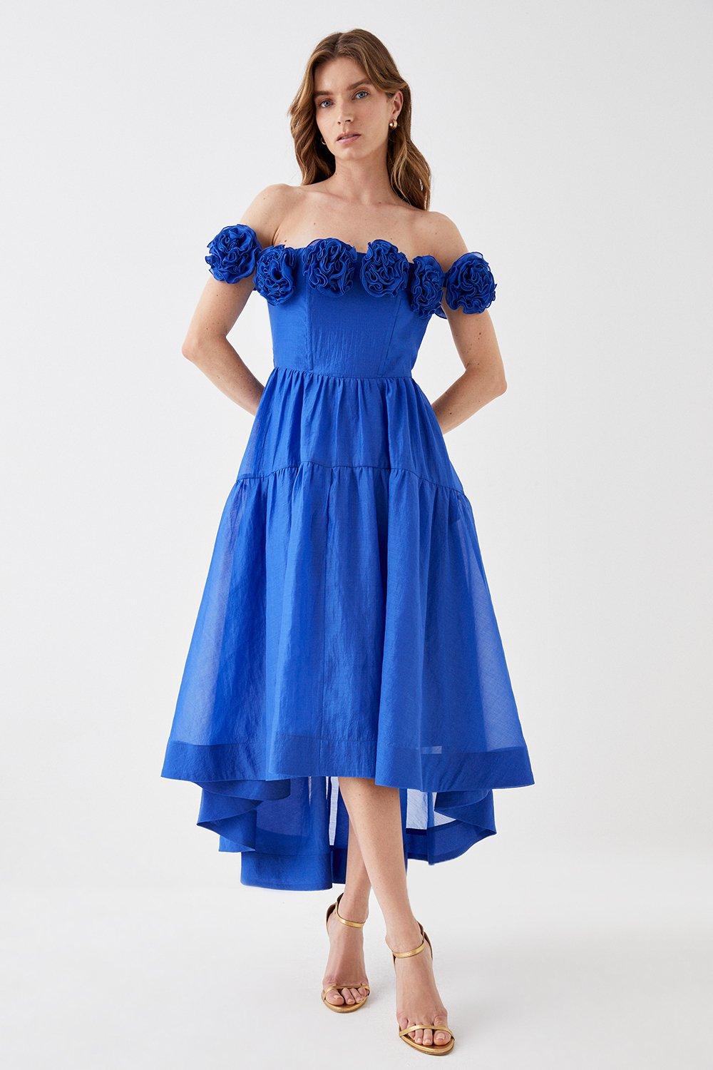 Flower Ruffle Bardot Midi Dress - Blue