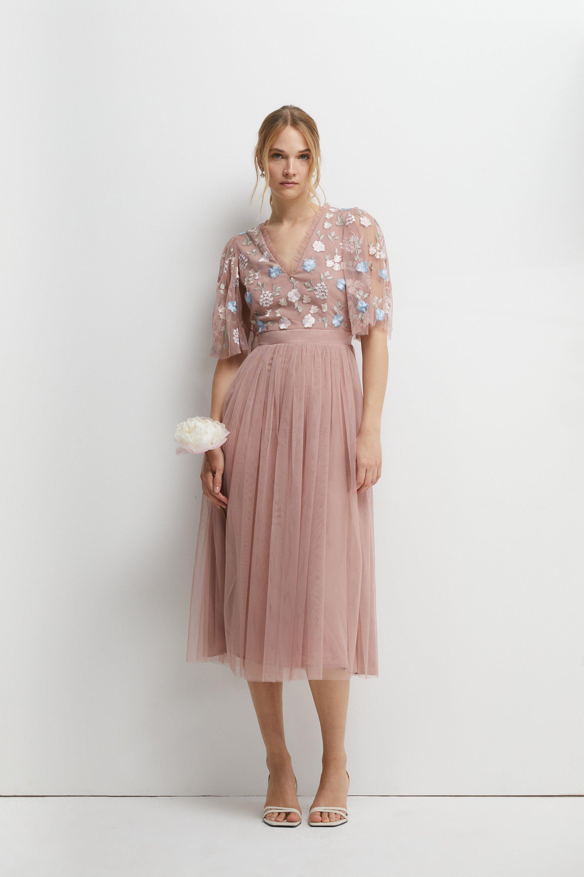 Meadow Floral Embroidered V Neck Bridesmaids Dress - Pink
