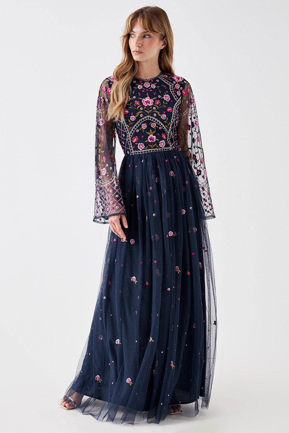 Flare Sleeve Floral Embroidered Midi Dress - Navy