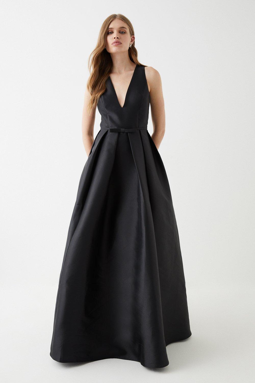 Plunge Neck Bow Waist Maxi Dress With Pockets - Black