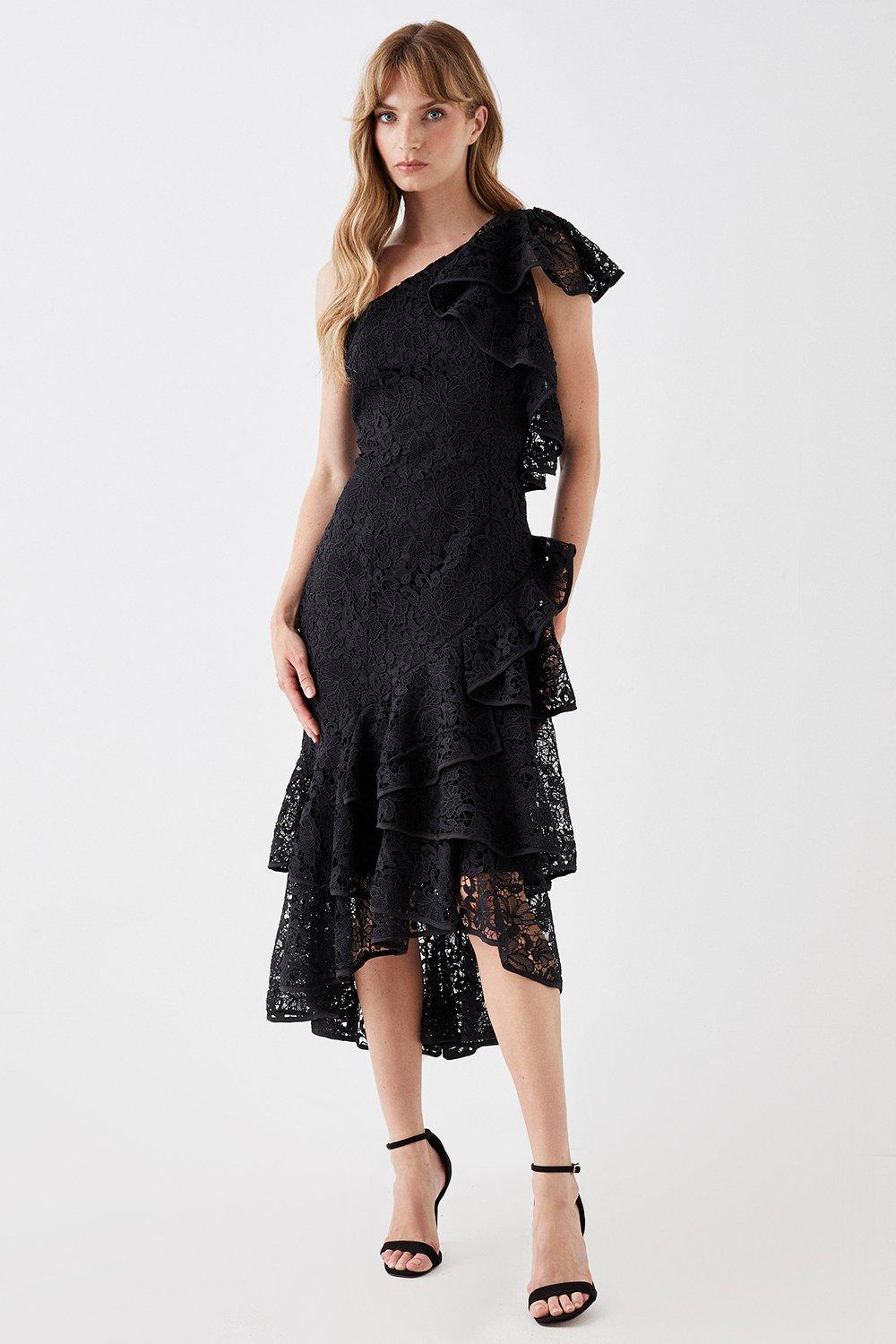 One Shoulder Lace Ruffle Midi Dress - Black
