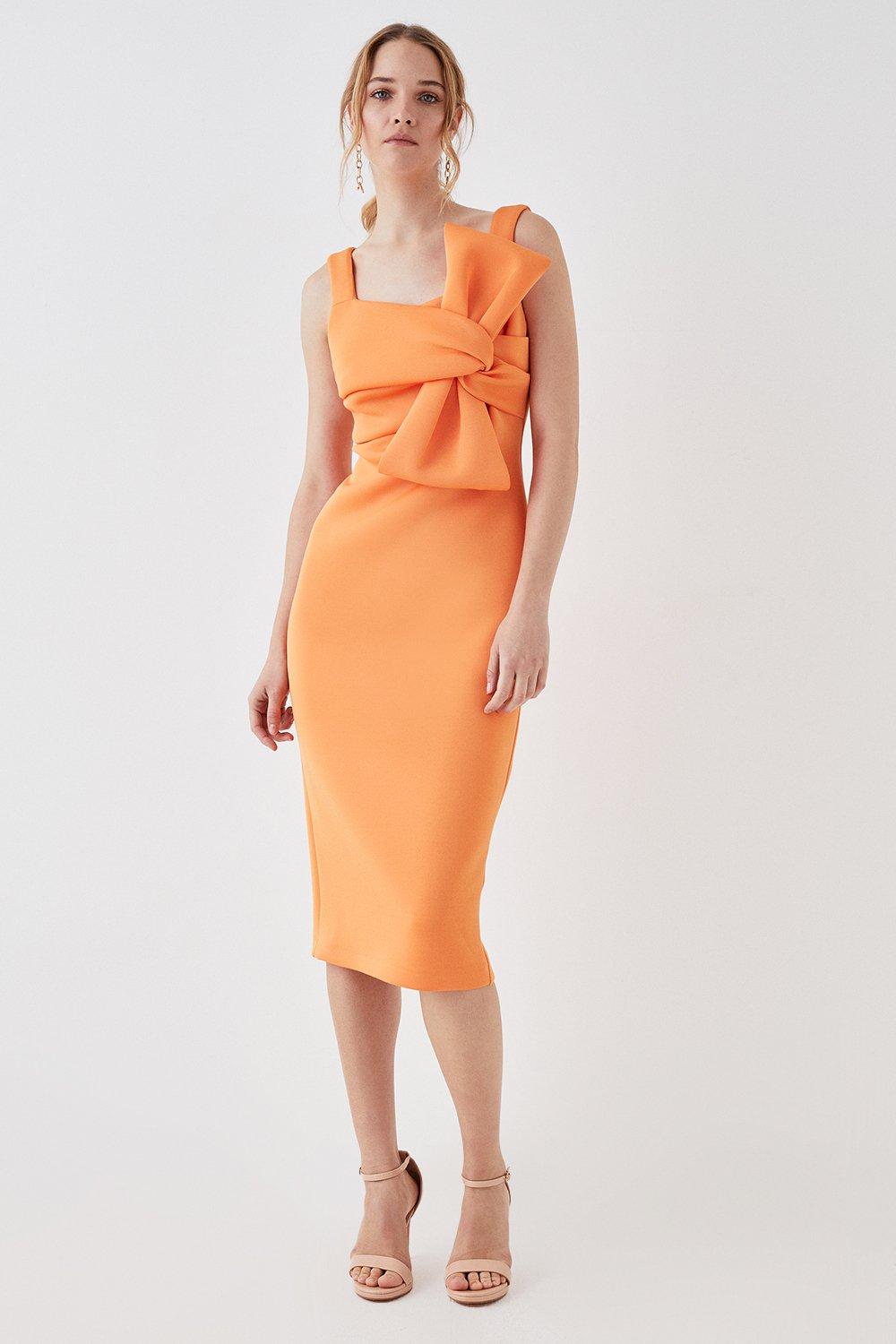 Bow Scuba Pencil Dress - Orange