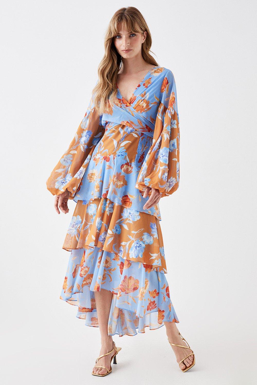 Tiered Print Mix Wrap Front Midi Dress