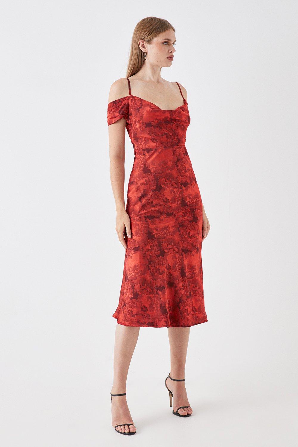 Sophie Habboo Satin Jacquard Drape Sleeve Midi Dress - Red