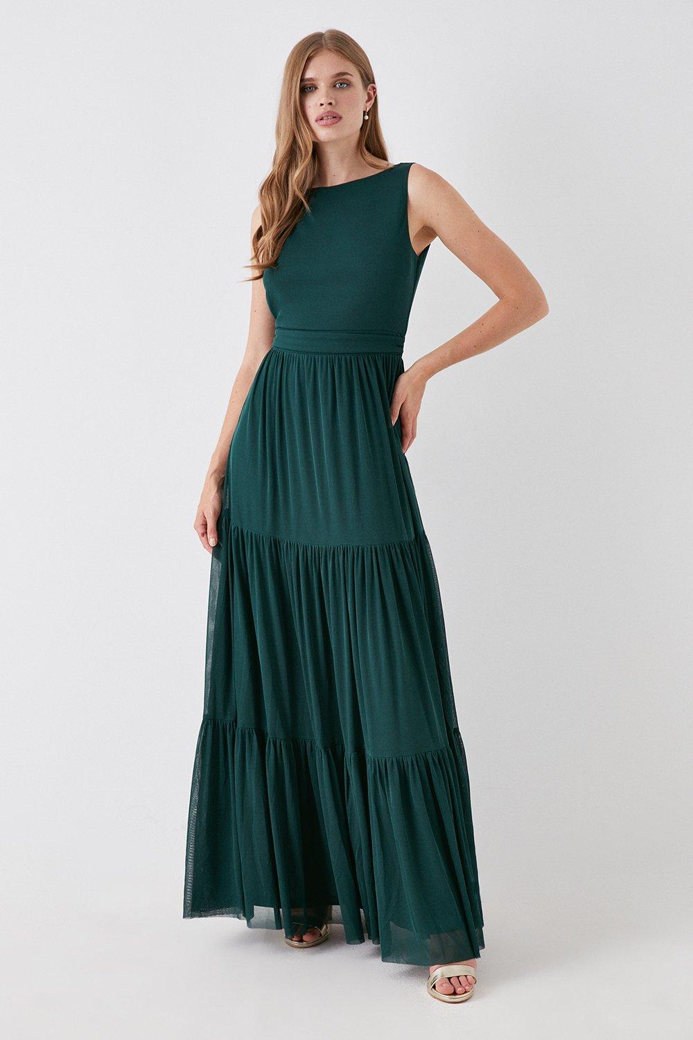 Tiered Skirt Stretch Mesh Bridesmaids Dress - Green