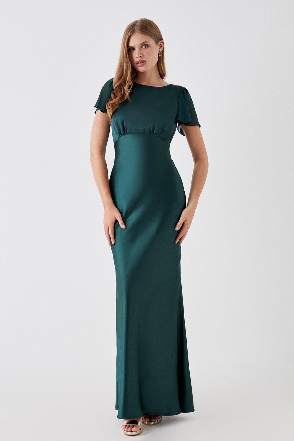 Chiffon Satin Bridesmaids Flutter Sleeve Maxi Dress - Green