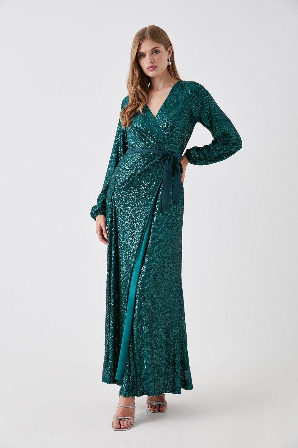 Long Sleeve Sequin Bridesmaids Maxi Dress - Green