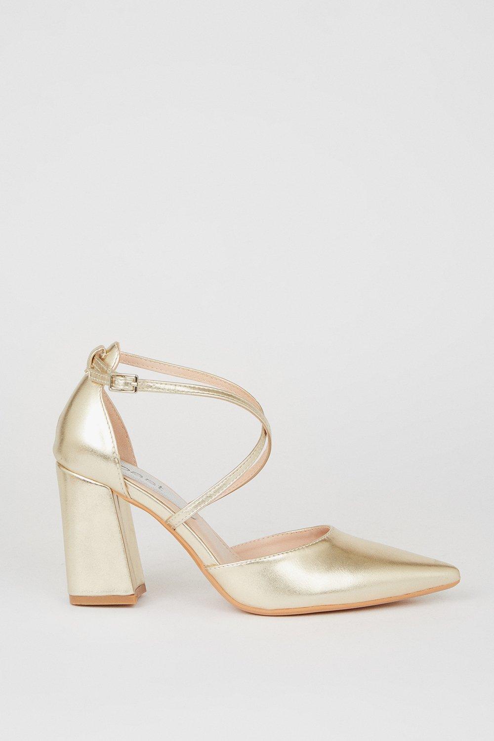 Treat Cross Strap Pointed Block Heel Court Shoes - Champagne