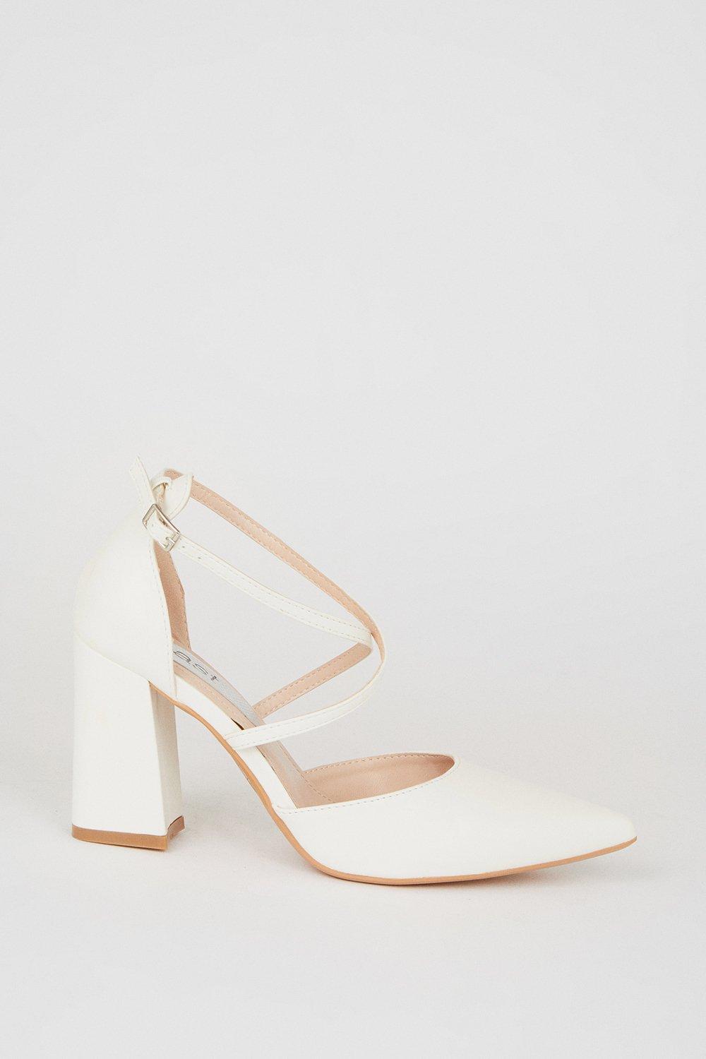 Treat Cross Strap Pointed Block Heel Court Shoes - White