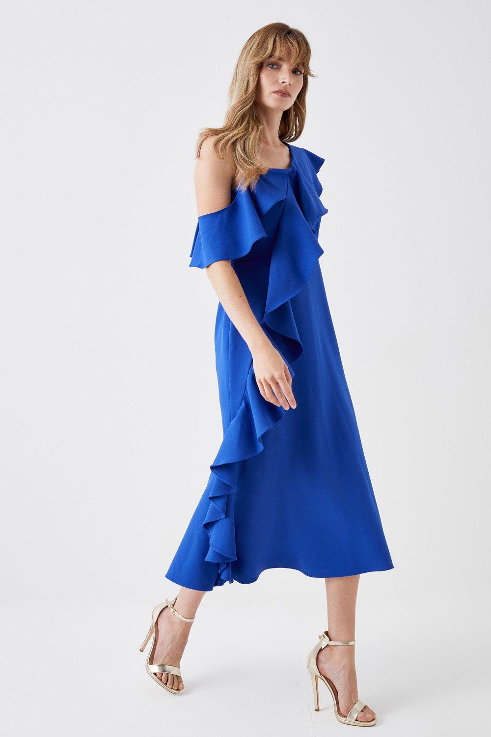 One Shoulder Ruffle Pencil Dress - Blue