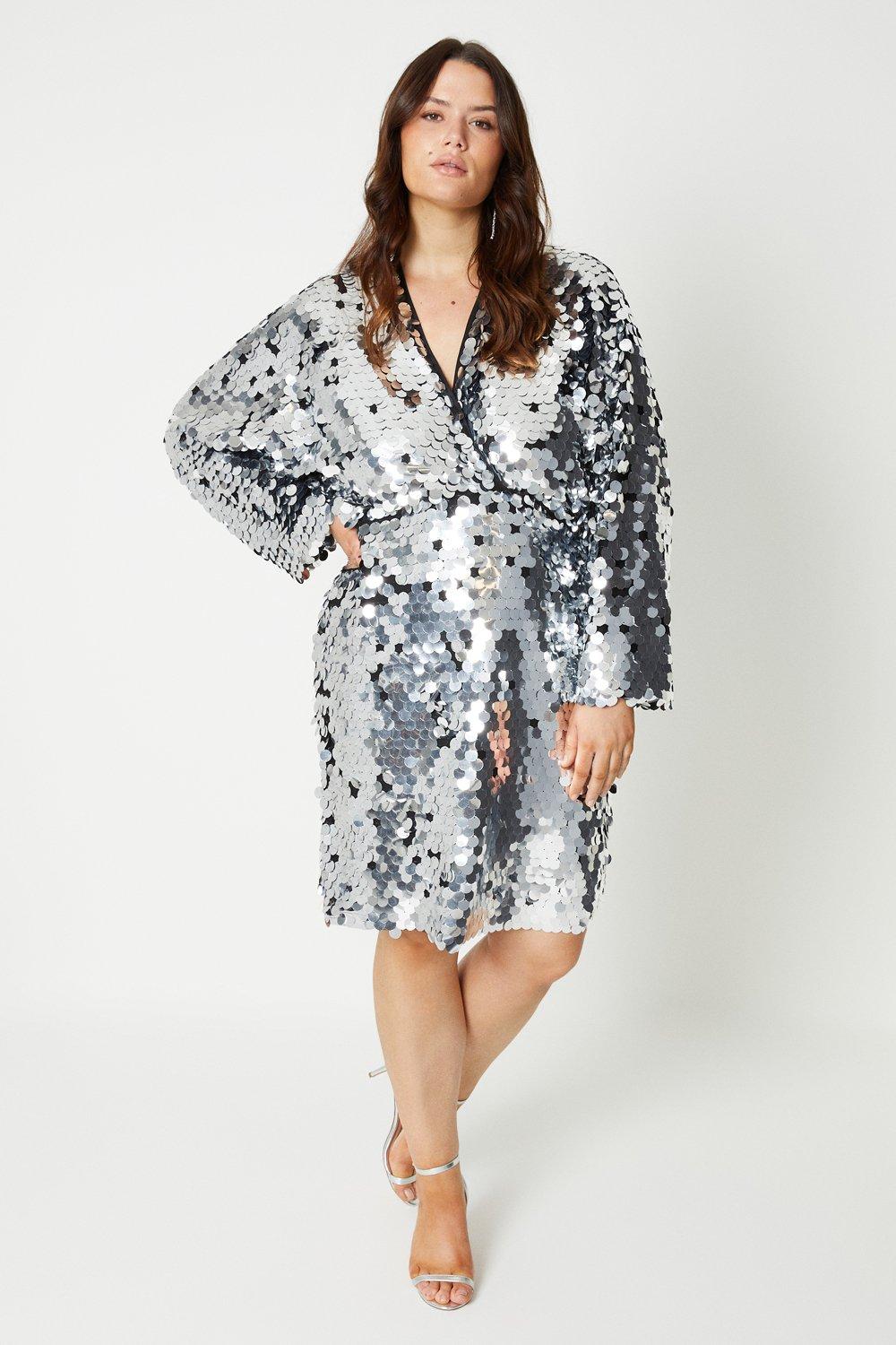 Plus Statement Sequin Kimono Mini Dress - Silver