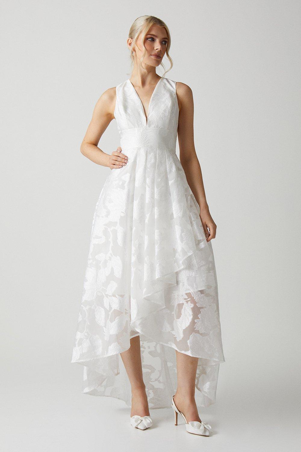 Plunge Neck Waterfall Organza Jacquard Maxi Dress - Ivory