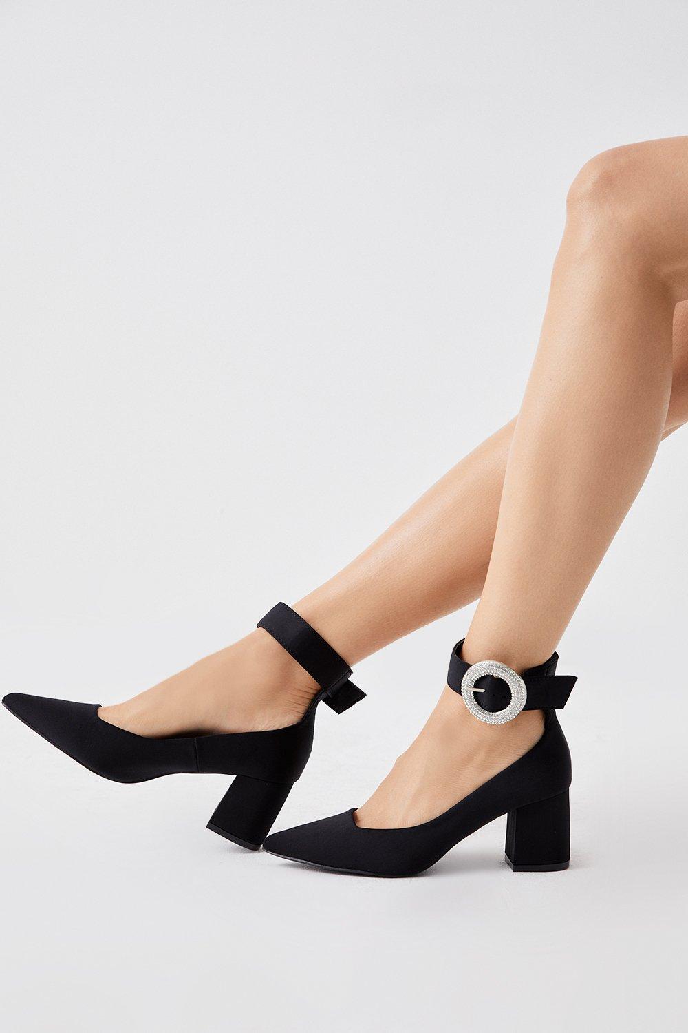 Tova Satin Diamante Buckle Pointed Block Heel Court Shoes - Black