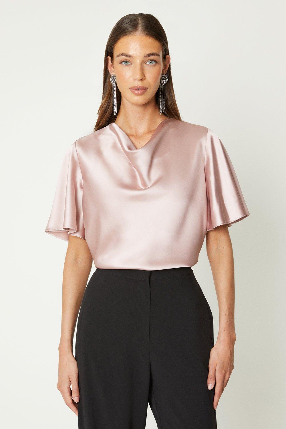 Flare Sleeve Cowl Neck Satin Top - Pink