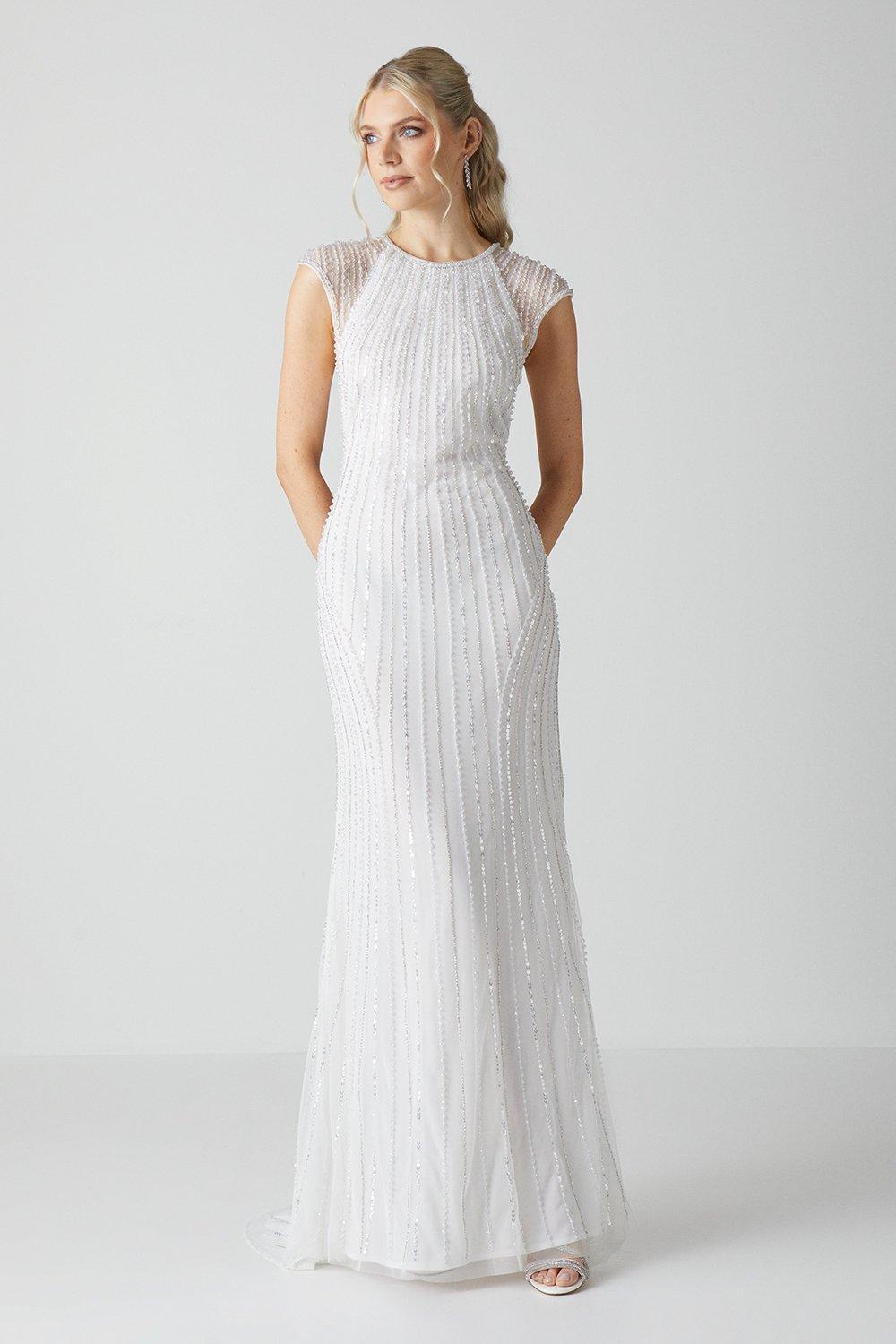 Embellished Cap Sleeve Linear Embellished Wedding Dress - Ivory