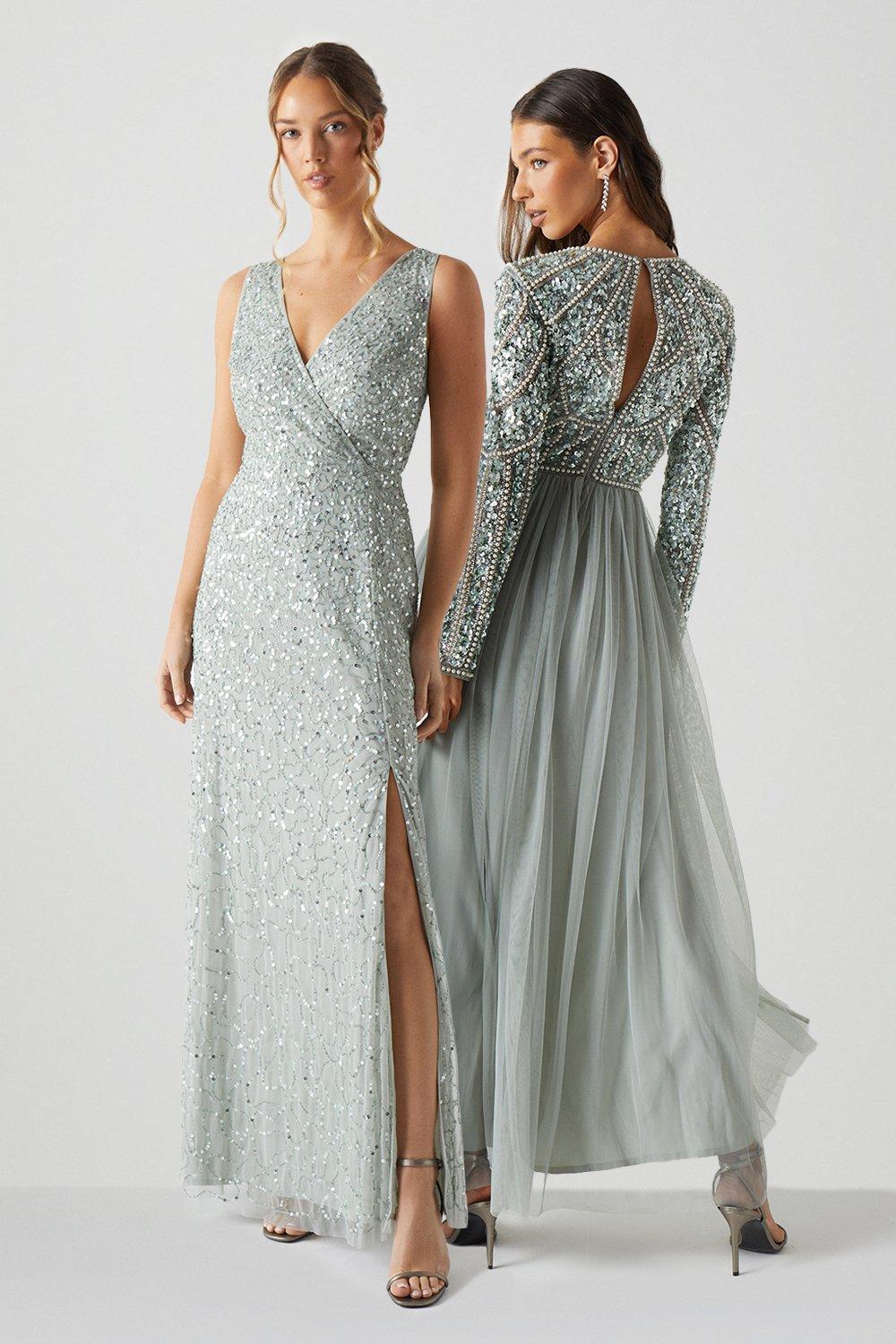 Sleeveless Wrap Front All Over Sequin Bridesmaids Maxi Dress - Sage