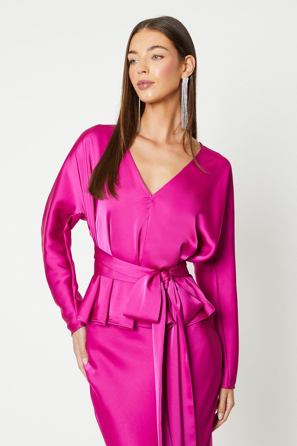 Long Sleeve Satin Top With Tie Detail - Pink