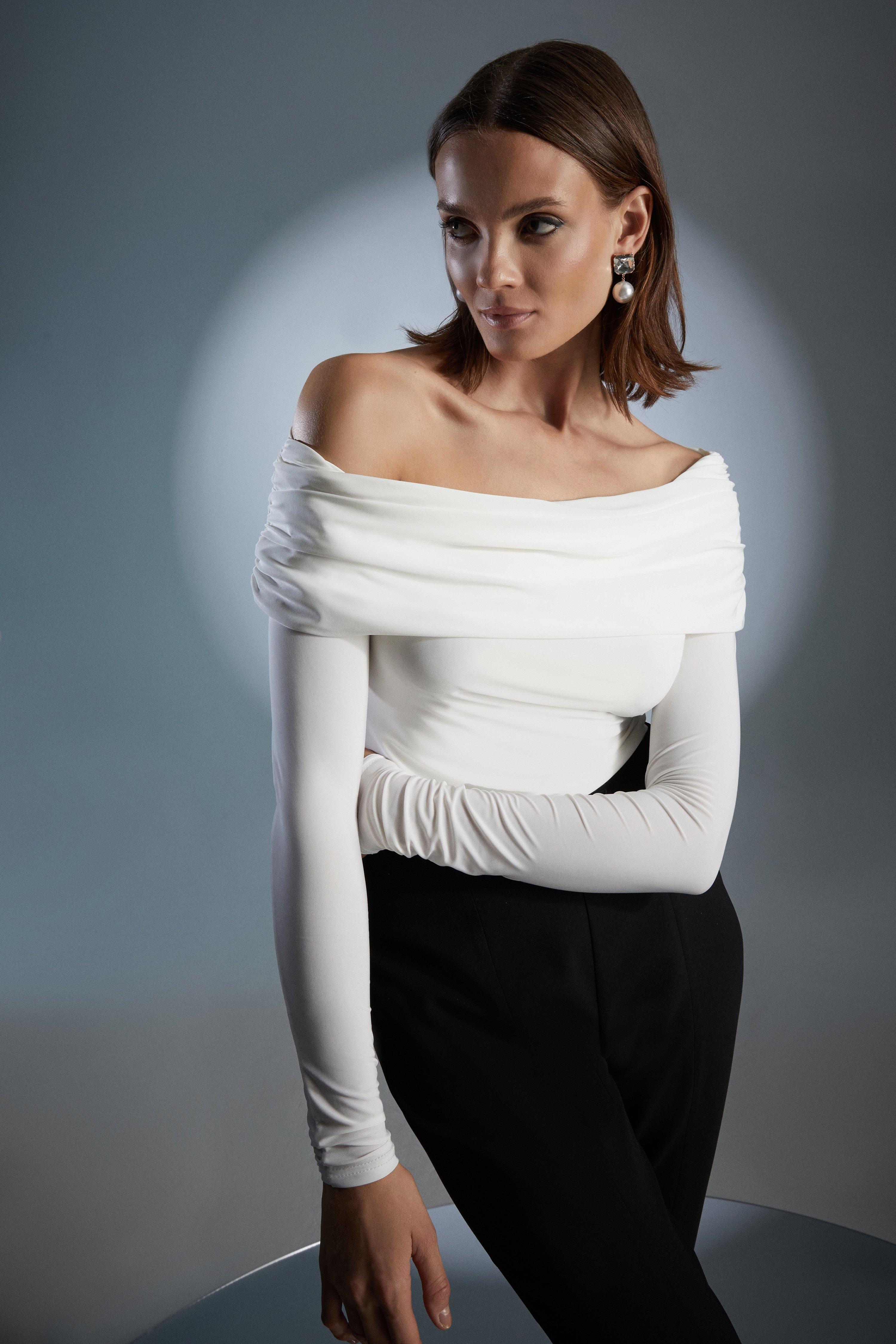 One Shoulder Long Sleeve Jersey Top - Ivory