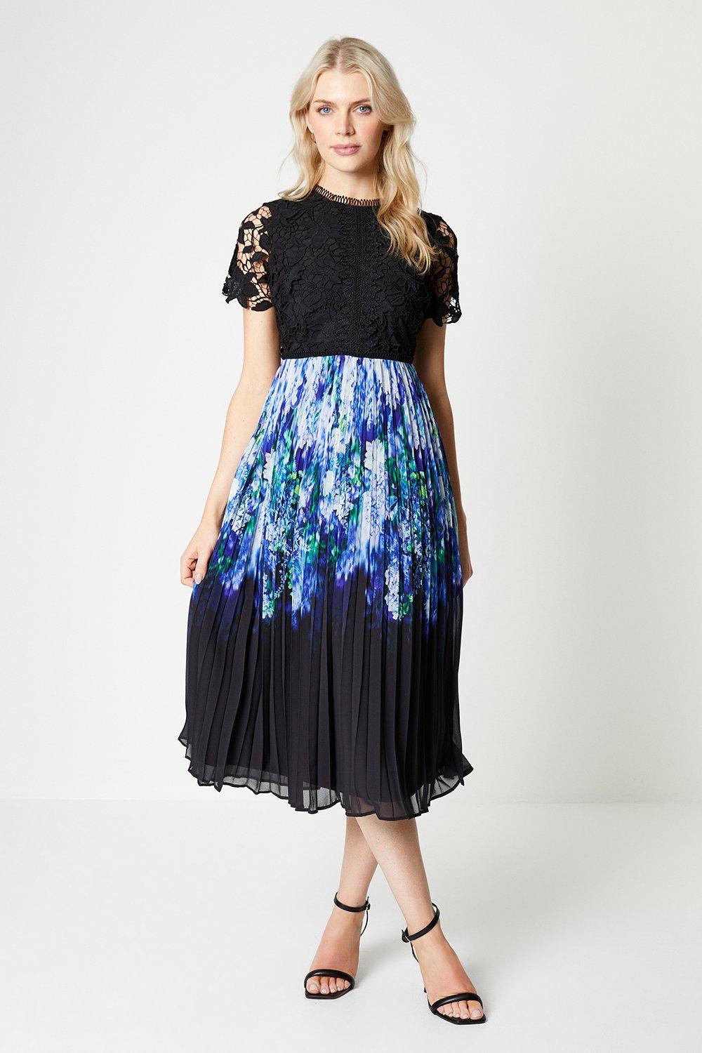 Lace Top Pleated Skirt Midi Dress - Black