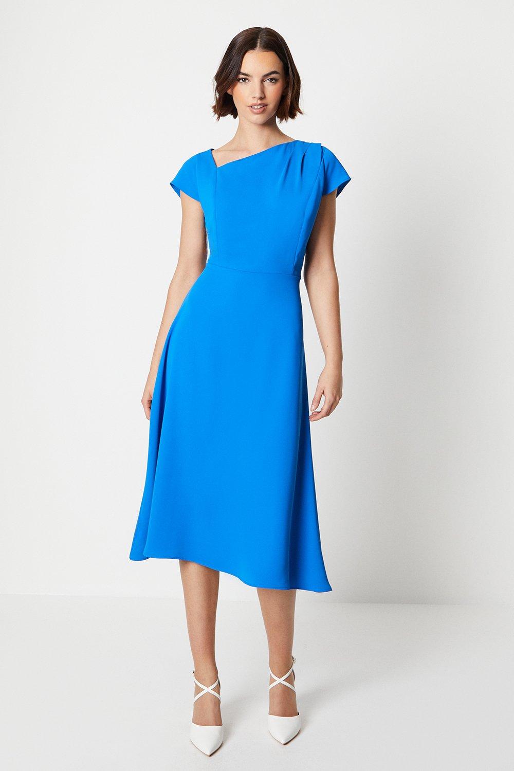 Asymmetric Neckline Fit And Flare Midi Dress - Blue