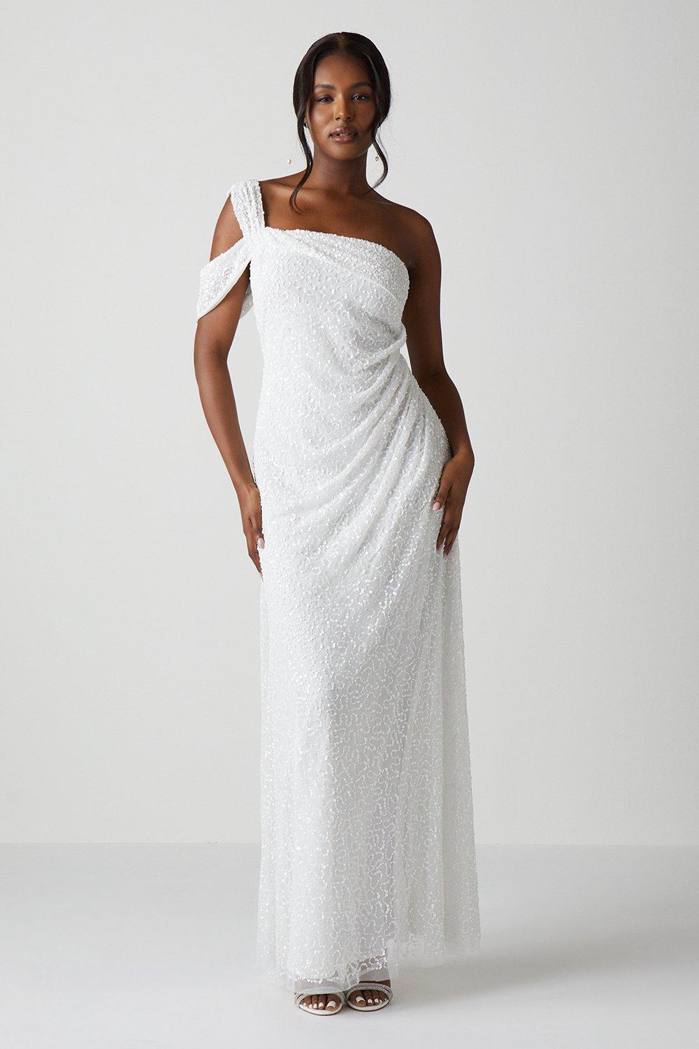 Bardot Asymmetrical Sequin Wedding Dress With Drape - Ivory