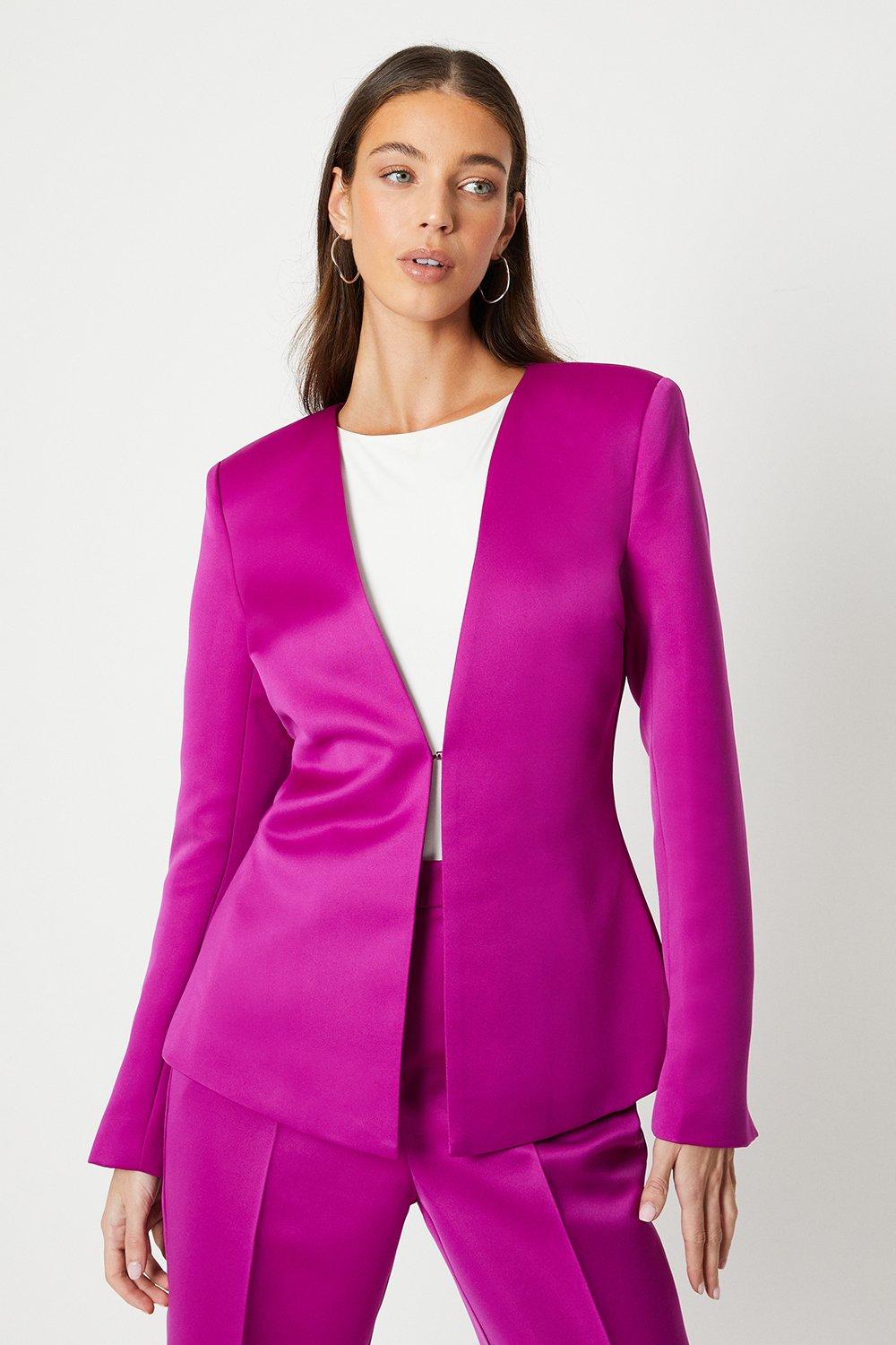 Collarless Tailored Satin Blazer - Pink