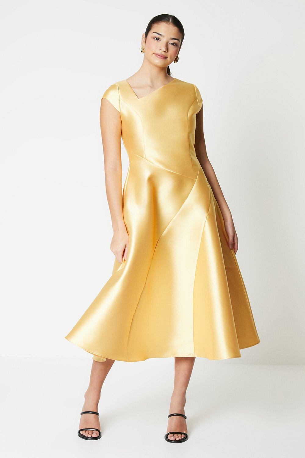 Twill Asymmetric Seam Midi Dress - Yellow