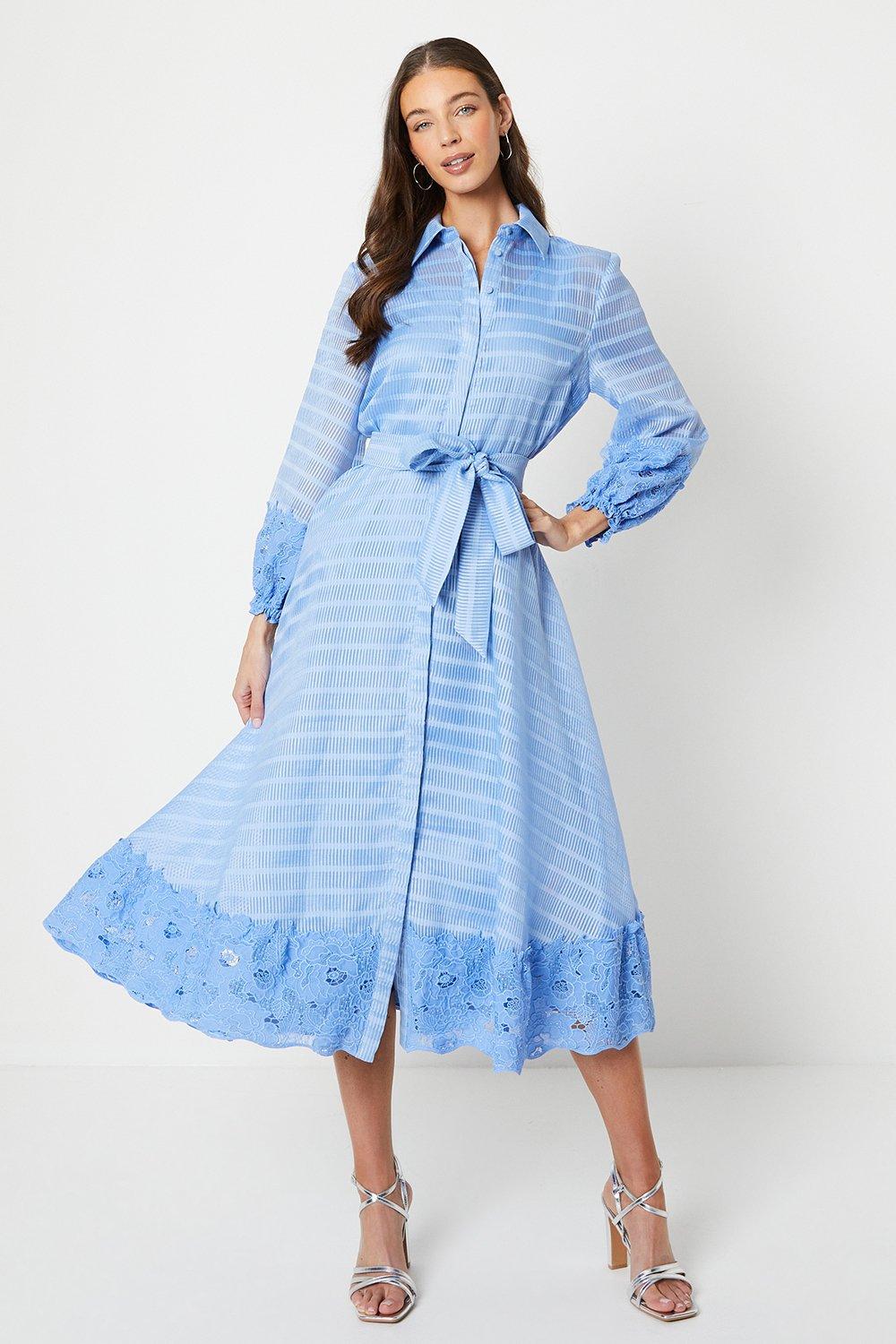 Lace And Stripe Organza Belted Shirt Dress With 3/4 Sleeve - Blue