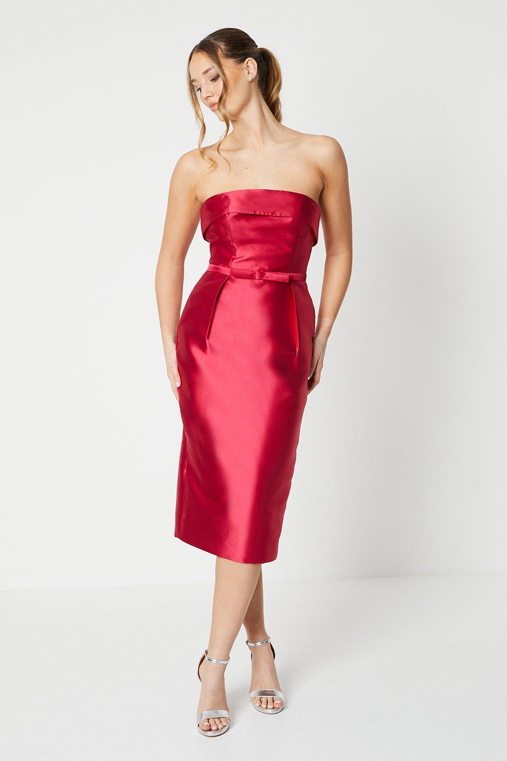 Twill Bandeau Pencil Dress With Bow - Red