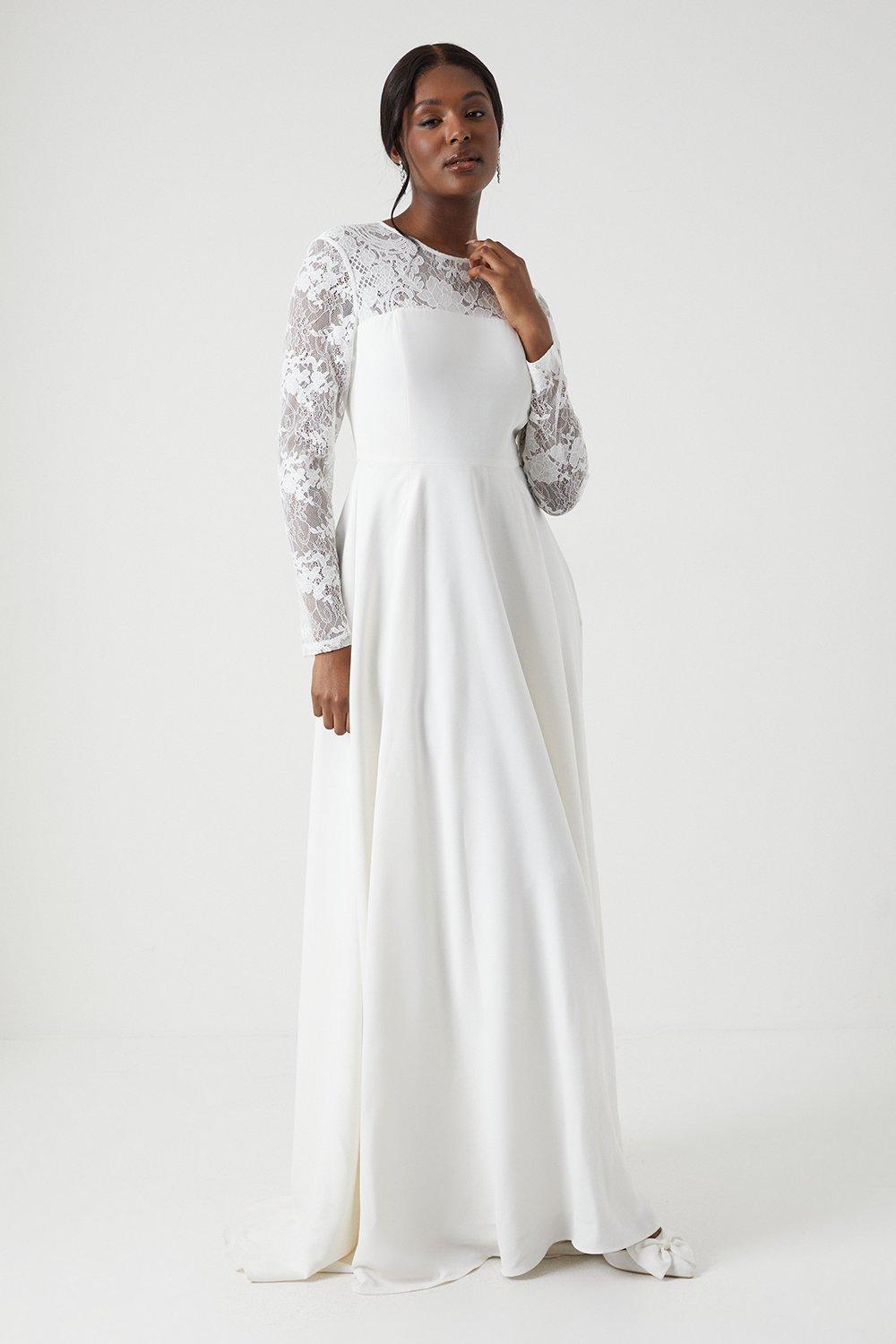 Long Sleeve Lace Chiffon Maxi Wedding Dress - Ivory