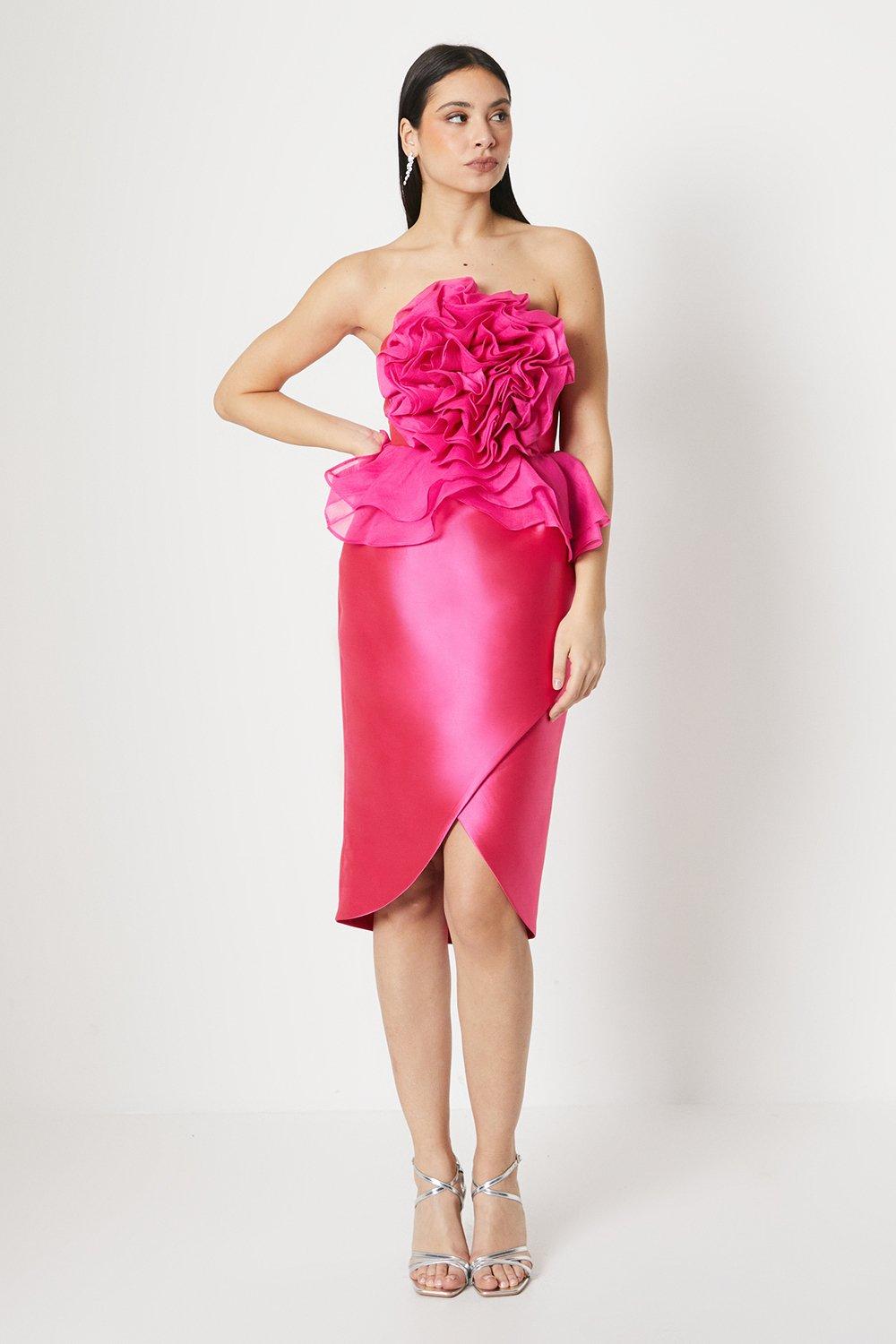 Rose Ruffle Twill Pencil Dress - Pink