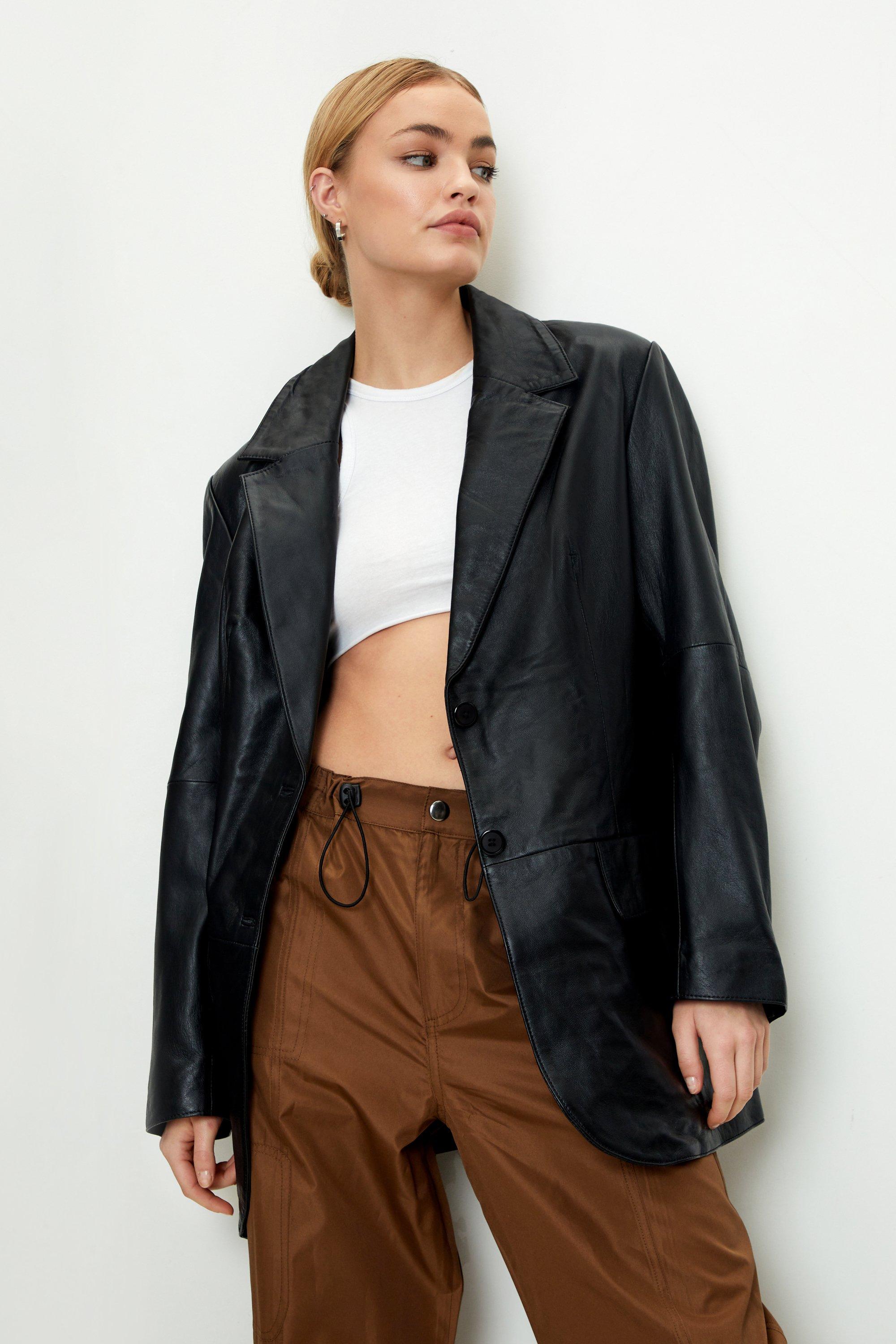 Blazer Ajusté En Cuir Véritable - Noir - 46, Noir