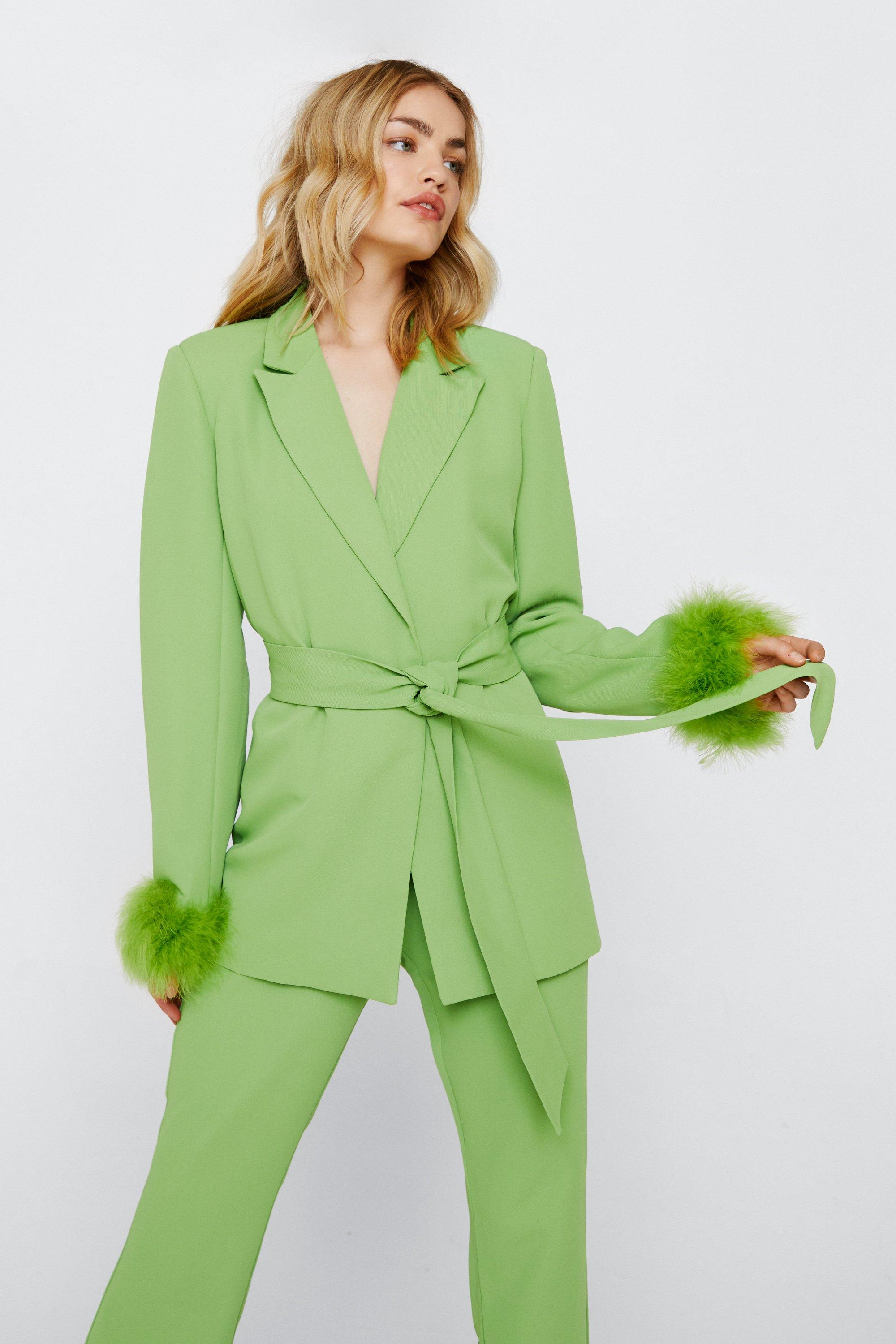 Blazer À Ceinture Avec Poignets En Plumes - Vert - 32, Vert