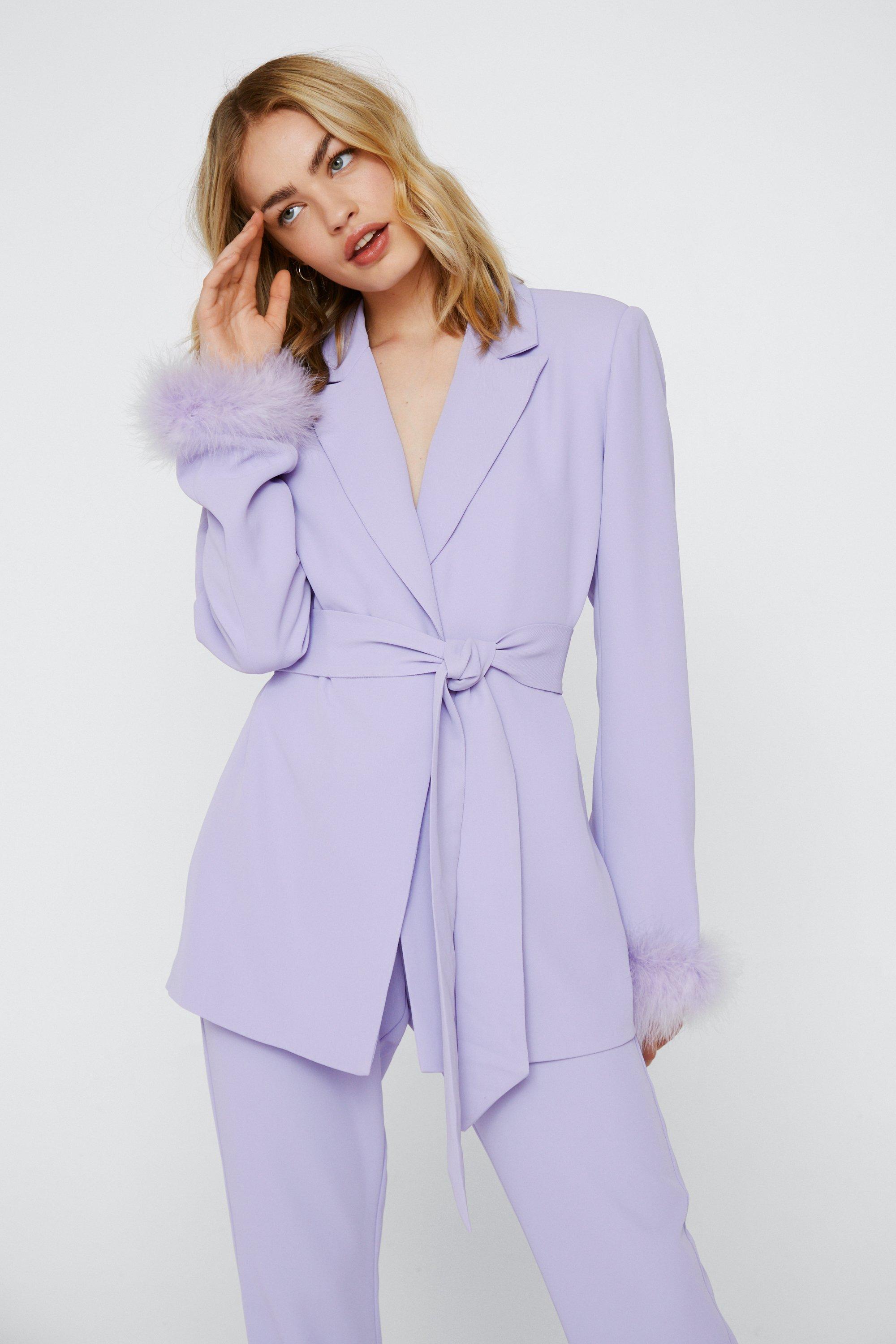 Blazer À Ceinture Avec Poignets En Plumes - Violet - 32, Violet