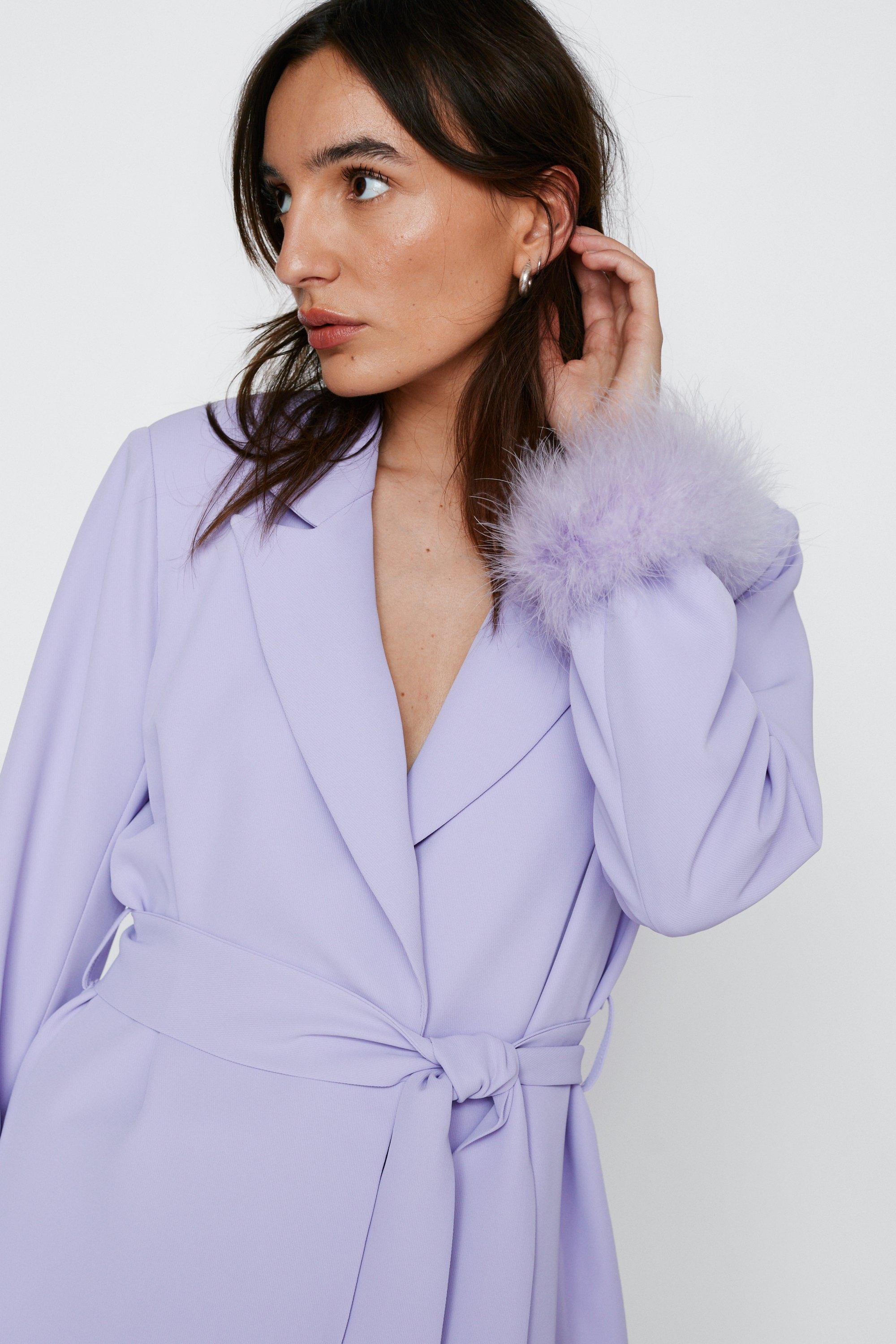 Petite - Blazer Ceinturé Avec Détails Poignets En Plumes - Violet - 34, Violet