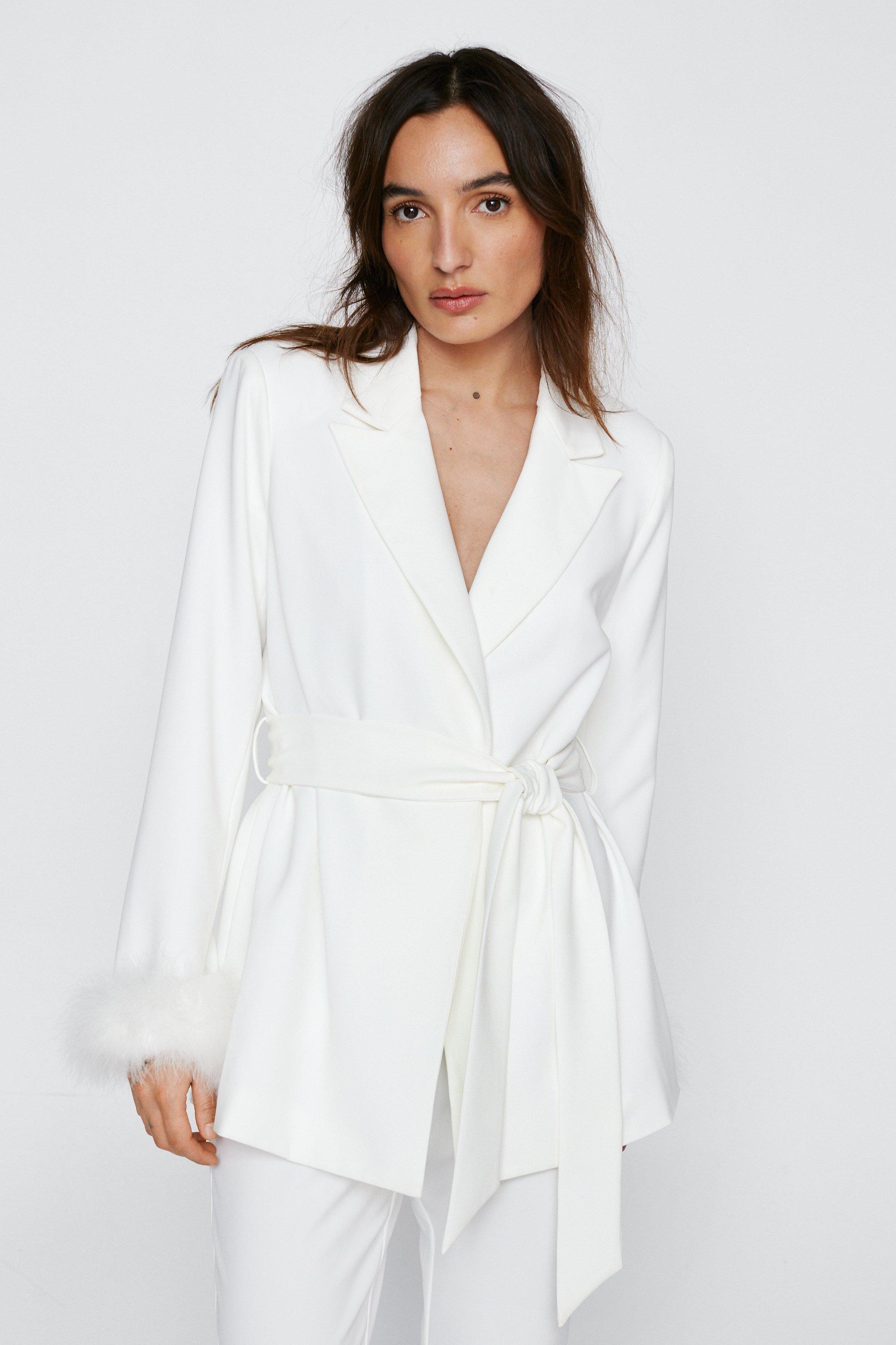 Petite - Blazer Ceinturé Avec Détails Poignets En Plumes - Blanc - 32, Blanc