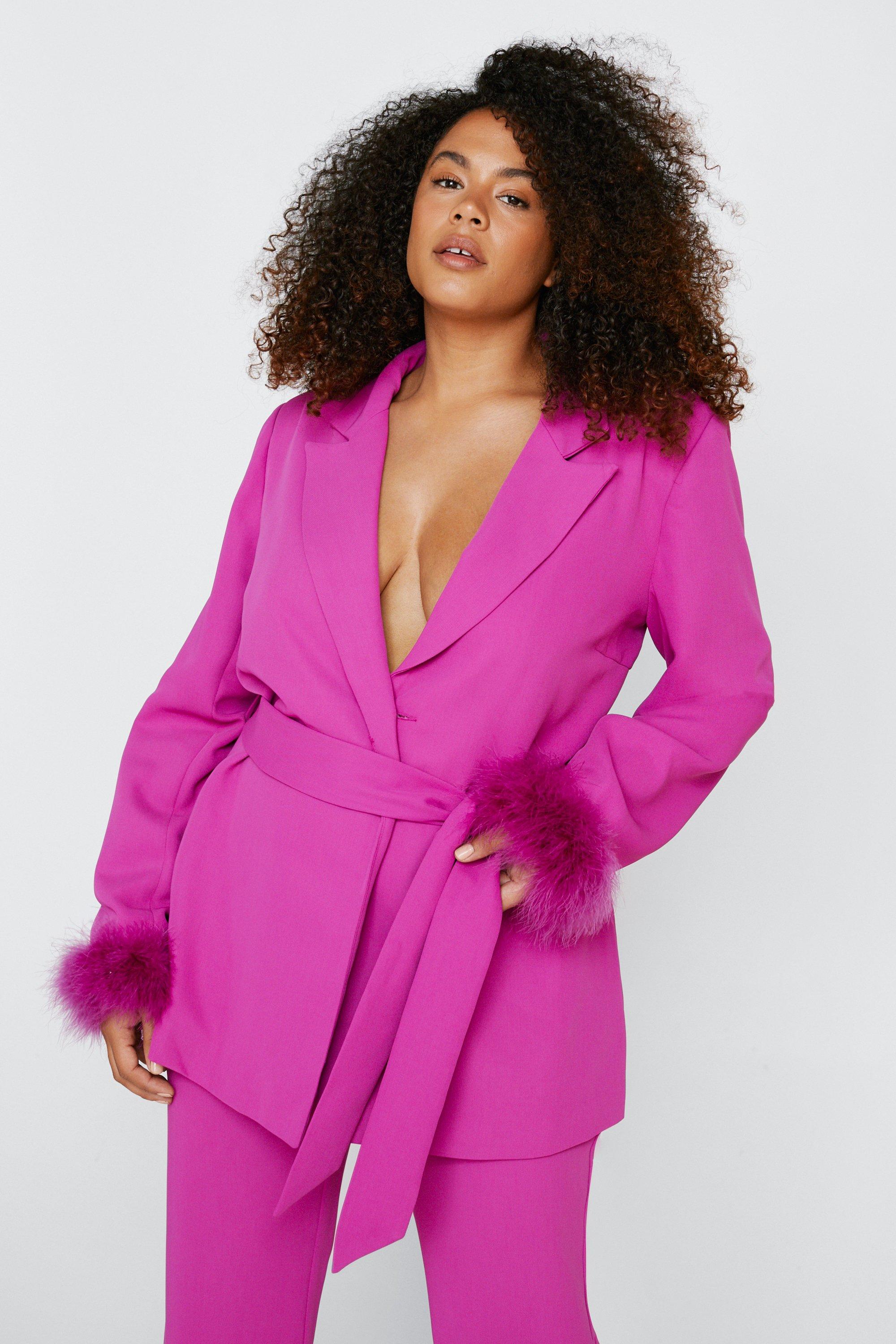Grande Taille - Blazer Ceinturé Avec Manchettes En Plumes - Rose - 52, Rose