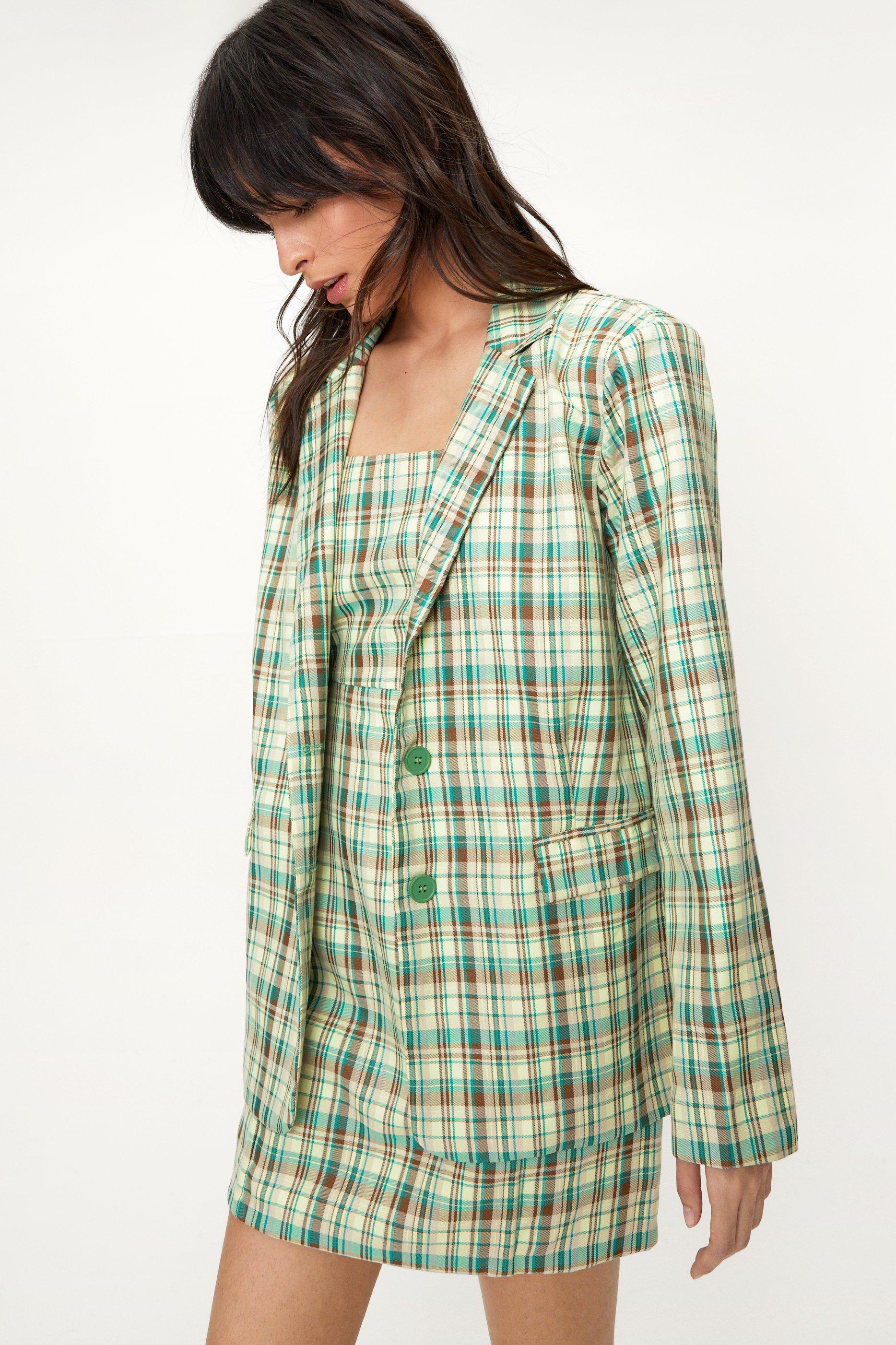 Blazer Ajusté À Carreaux Et À Boutonnage Simple - Vert - 32, Vert