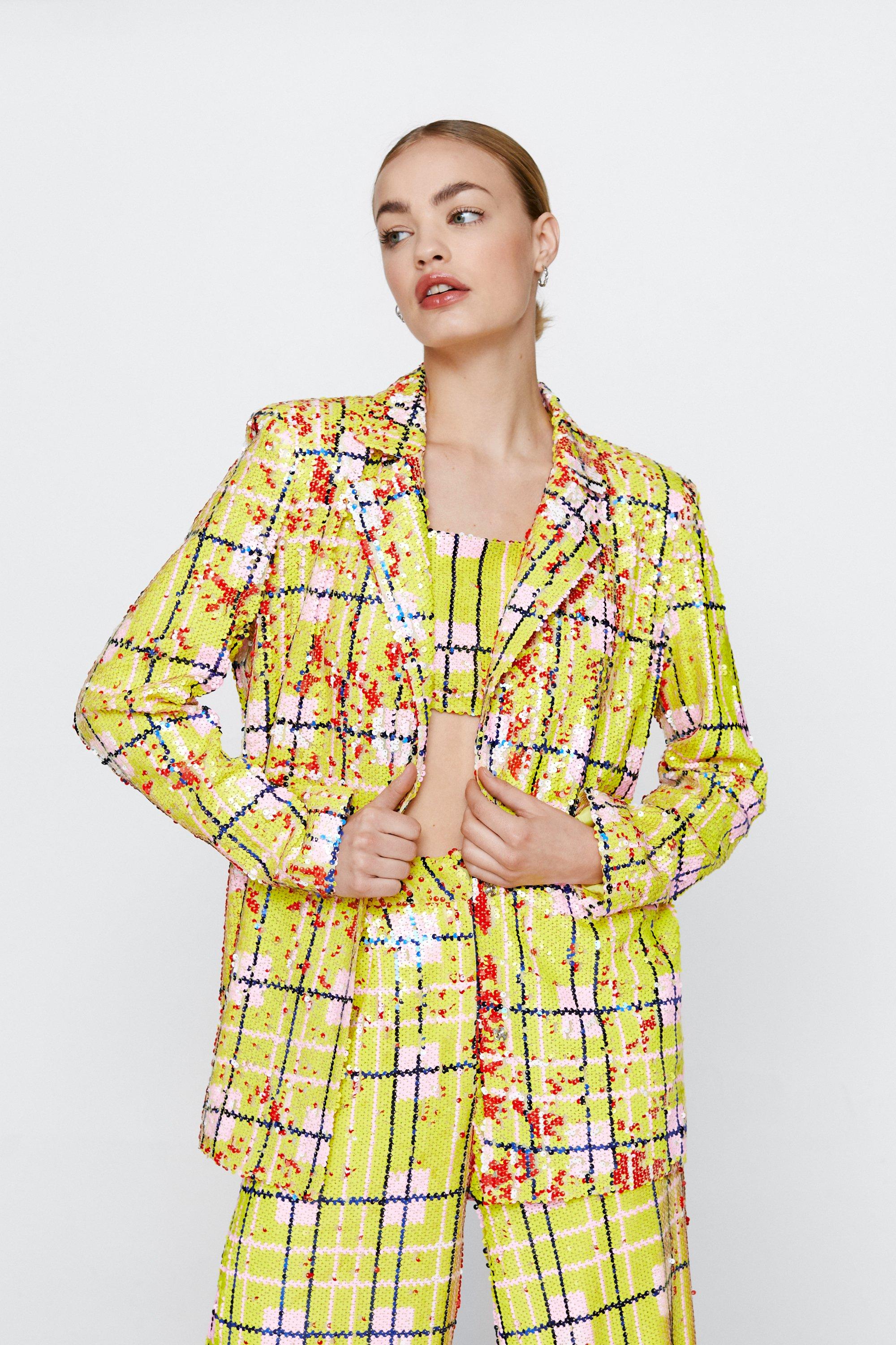 Blazer À Carreaux En Sequins - Jaune - 34, Jaune